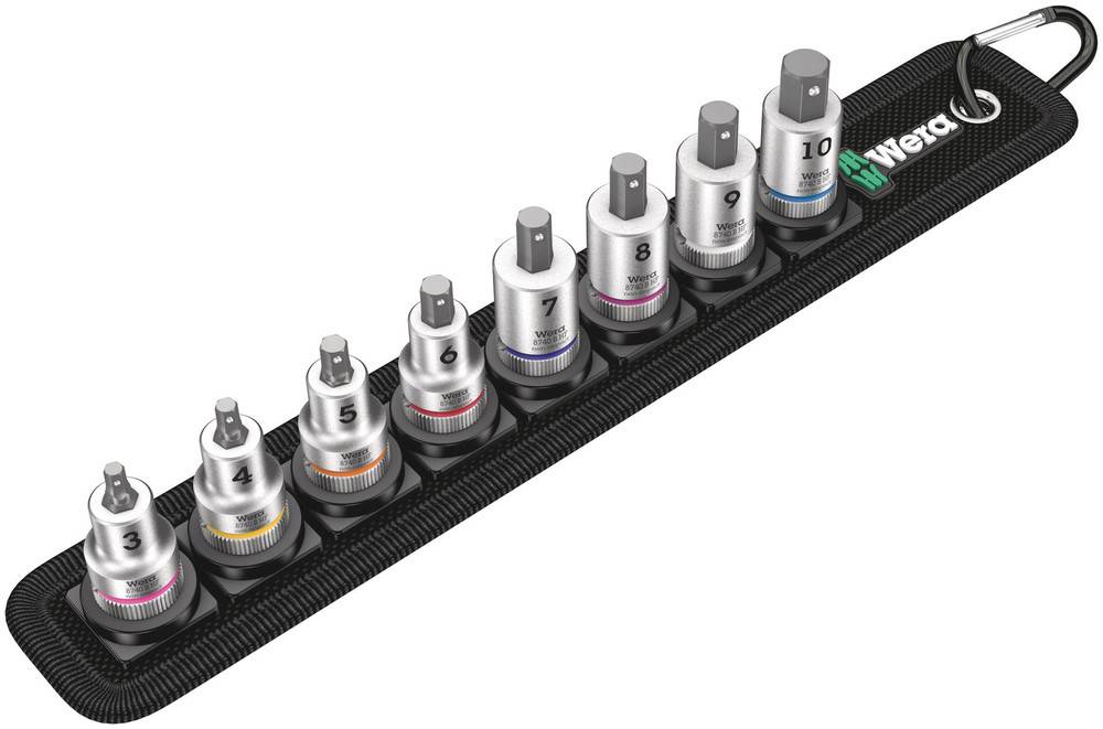A set of socket inserts from 5 to 13 mm, arranged on a black holder with the Wera logo, each with a colour-coded ring.