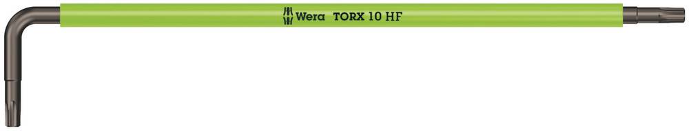 A green angled screwdriver with the inscription 'Wera TORX 10 HF', suitable for TORX screws, shown in side view.