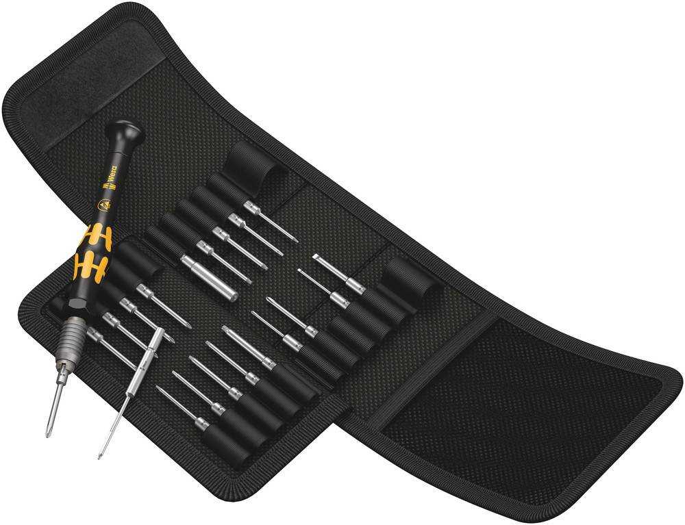 Tool set with precise screwdrivers and bits in a black case, suitable for repair work on electronic devices.