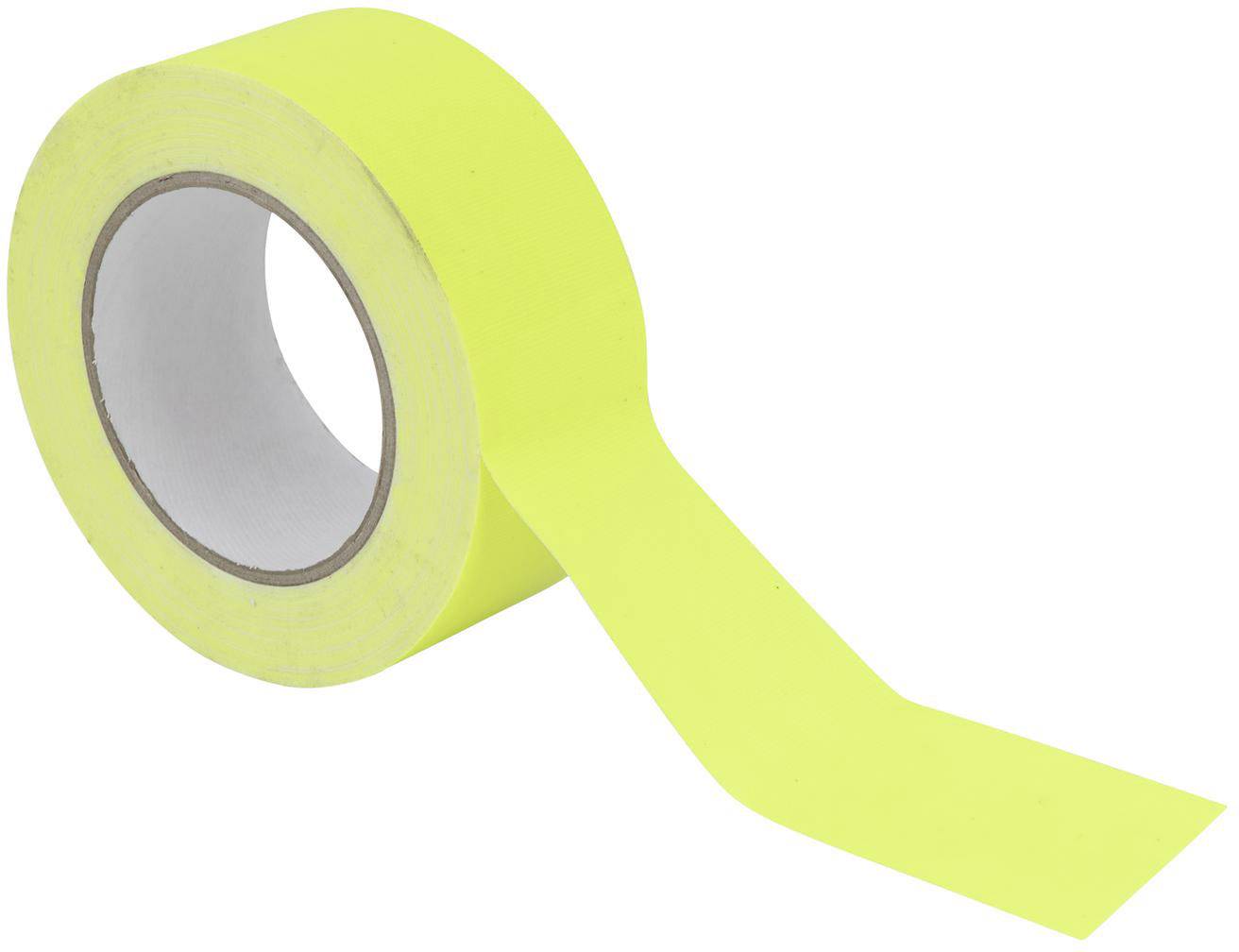 Yellow adhesive tape roll with a piece of tape unrolled in front of the roll. On a white background.