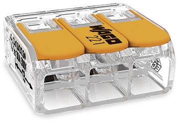 'WAGO 221' terminal block with three transparent ports and orange levers for electrical connections.