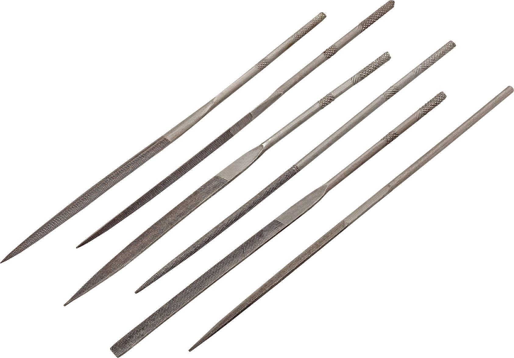 Six metal tools in various shapes used as files, lying on a white background.