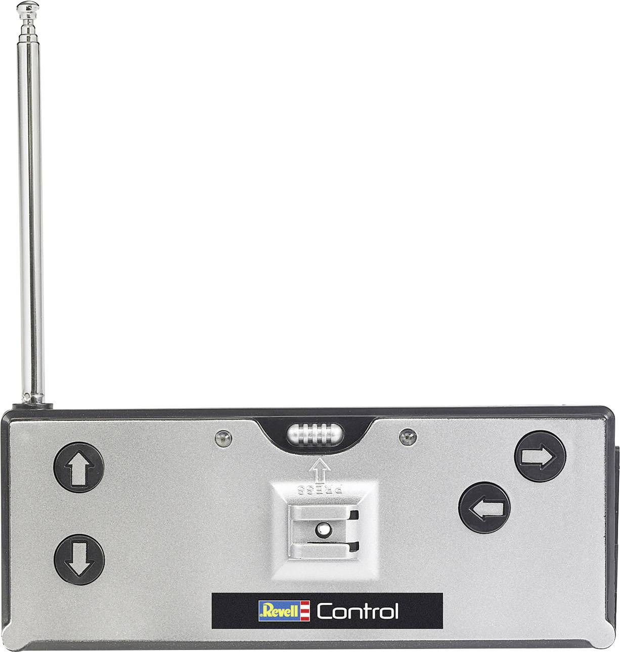 Remote control with aerial and four directional buttons. Brand logo at the bottom.