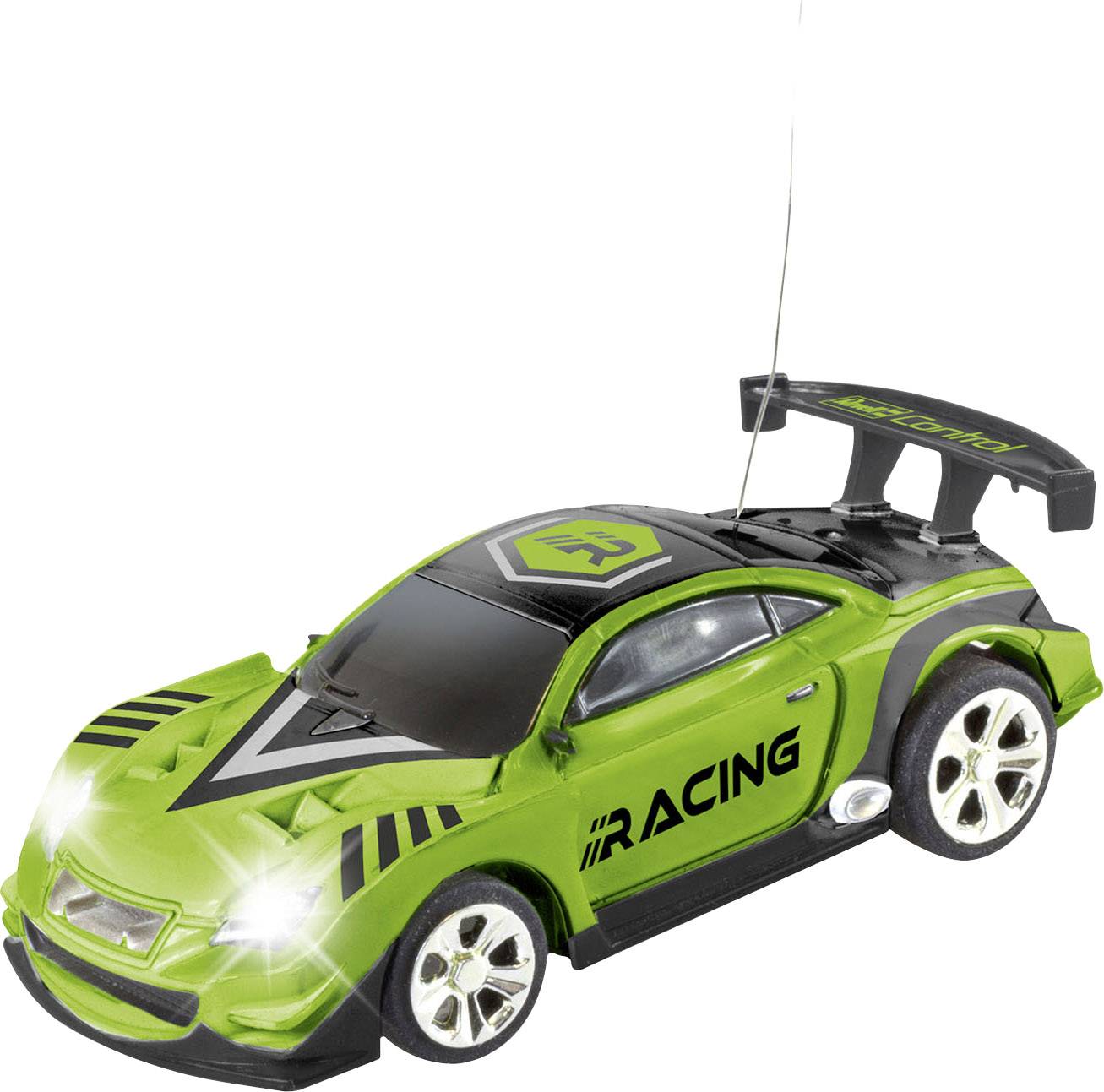 Green remote-controlled toy car on a white background, with 'Racing' lettering on the side and a prominent spoiler.