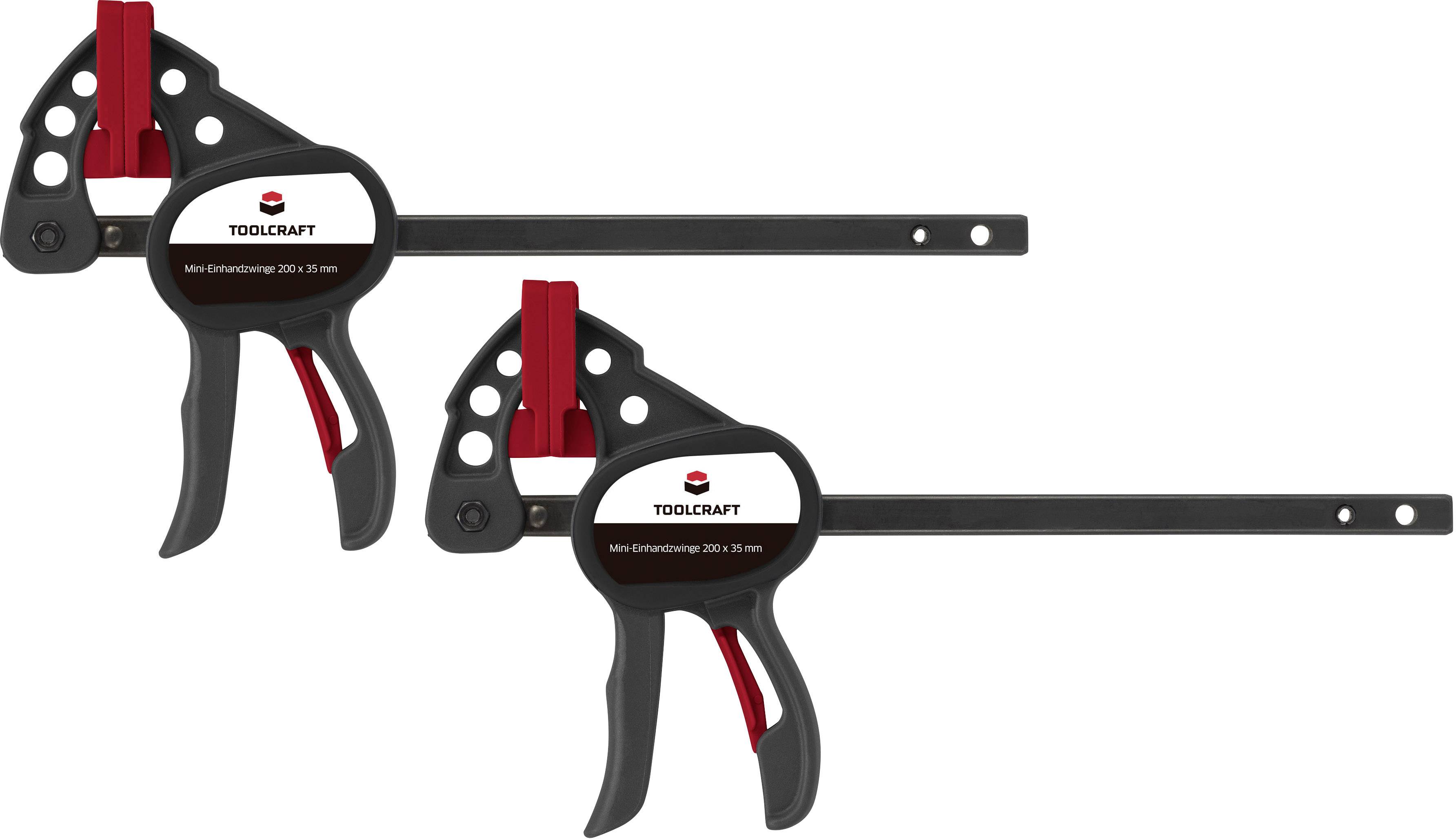 Two black quick-release G-clamps by TOOLCRAFT, 200 mm span, with red handle and black metal body.