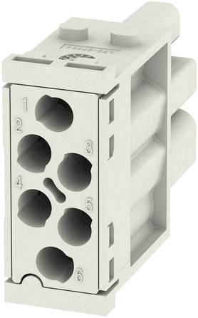 Grey electrical connector with six numbered openings for cable connections, used for securely connecting electrical lines.