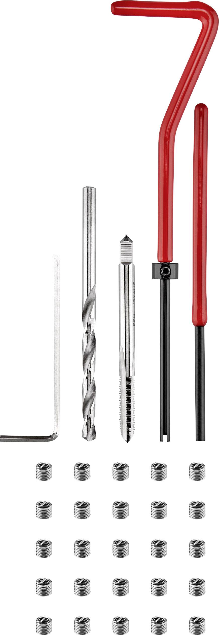 Repair kit for threading consists of a drill bit, tap, two red handle pieces and several metal inserts.
