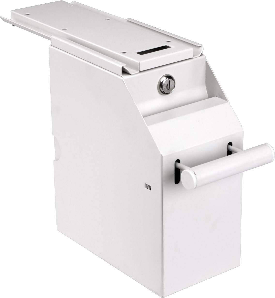 White ticket machine with coin slot and push button.