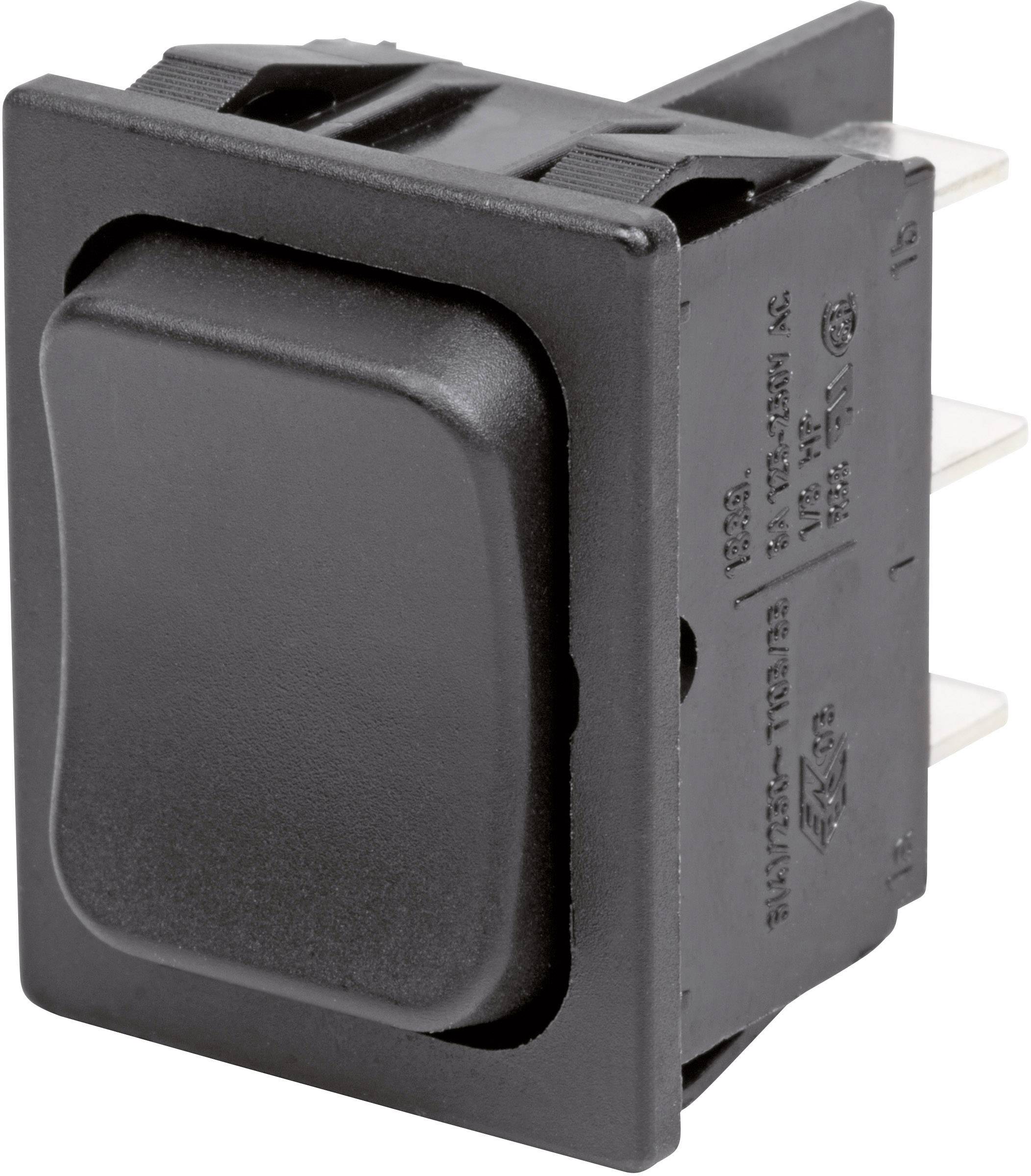 A rectangular, black toggle switch with three terminal pins at the back.
