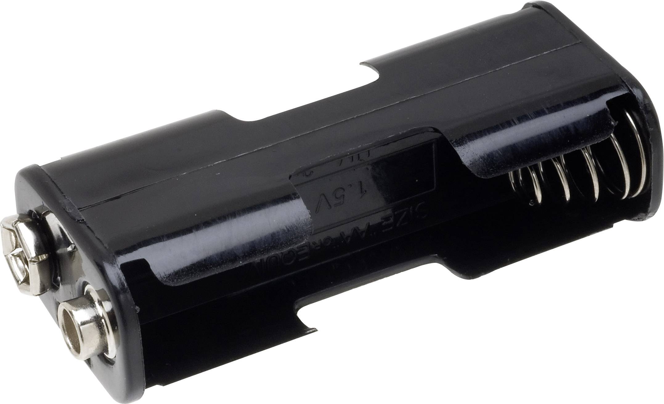 A black battery holder for two 9V batteries with spring contacts on one side.