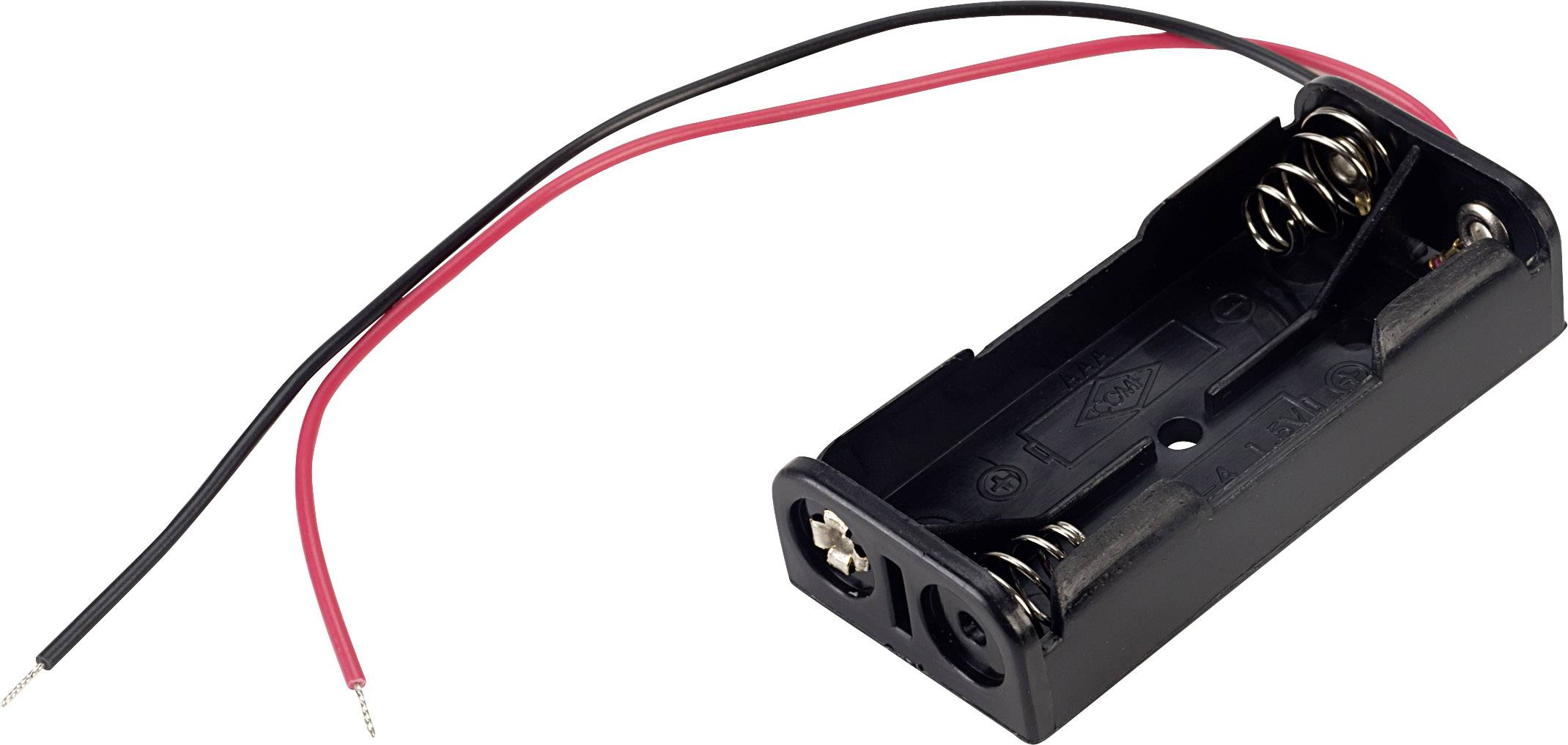 Battery holder for two batteries with red and black connecting wires, for use in electronic devices.