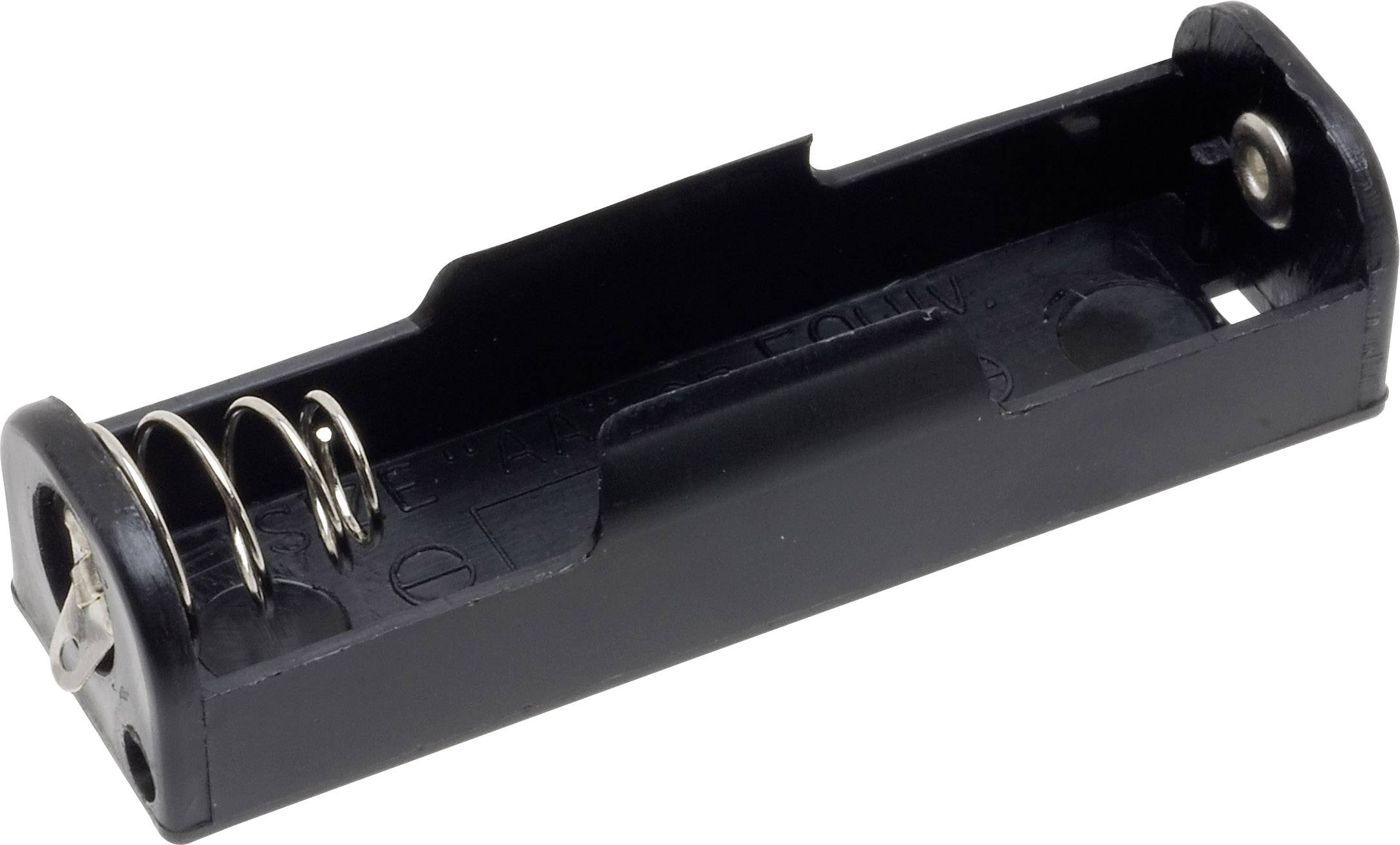 Black battery holder for an AA battery, with spring mechanism and metal contacts.