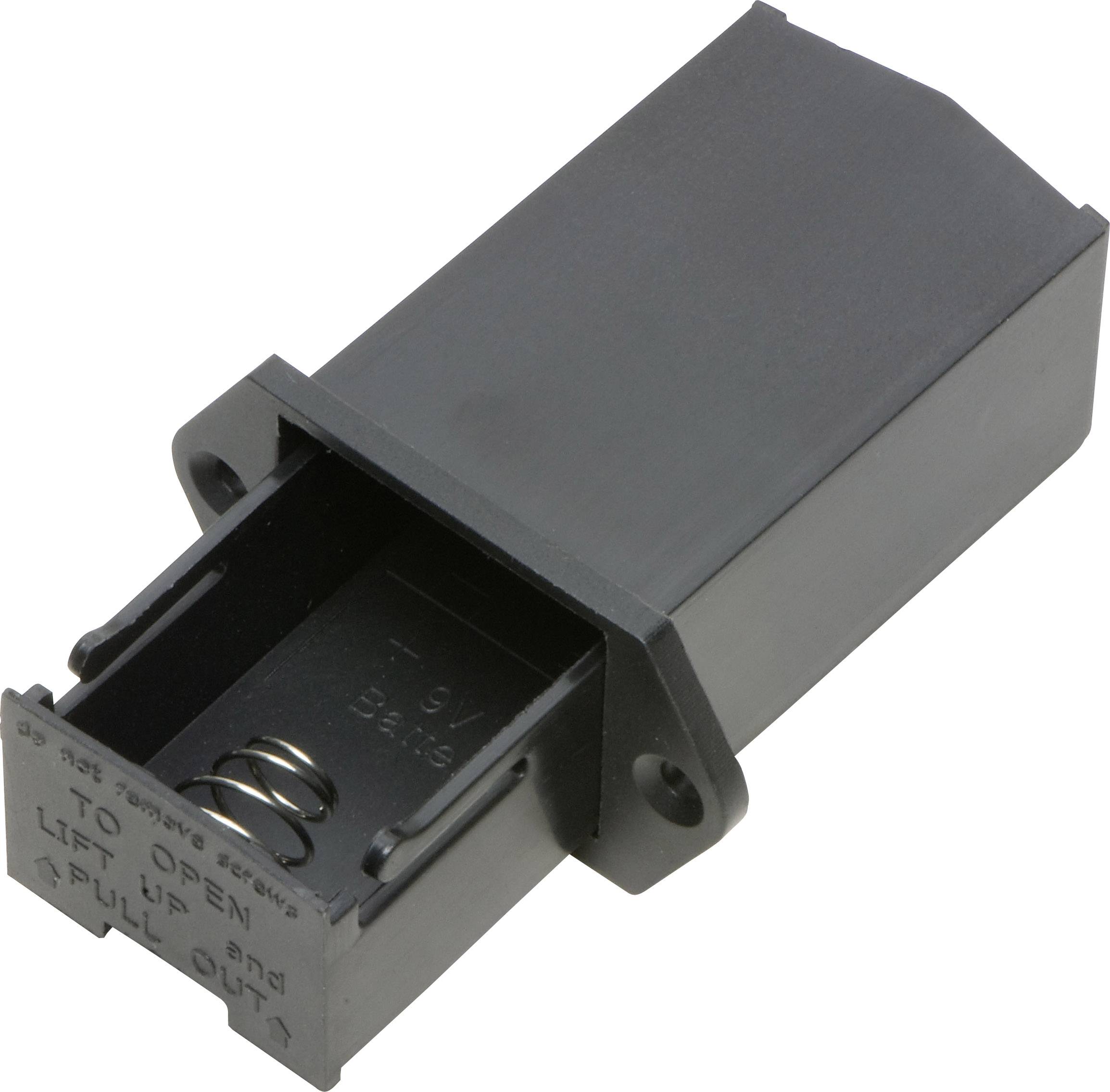 A black plastic casing showing a simple spring motor holder. Text on the cover indicates it should be lifted to open.