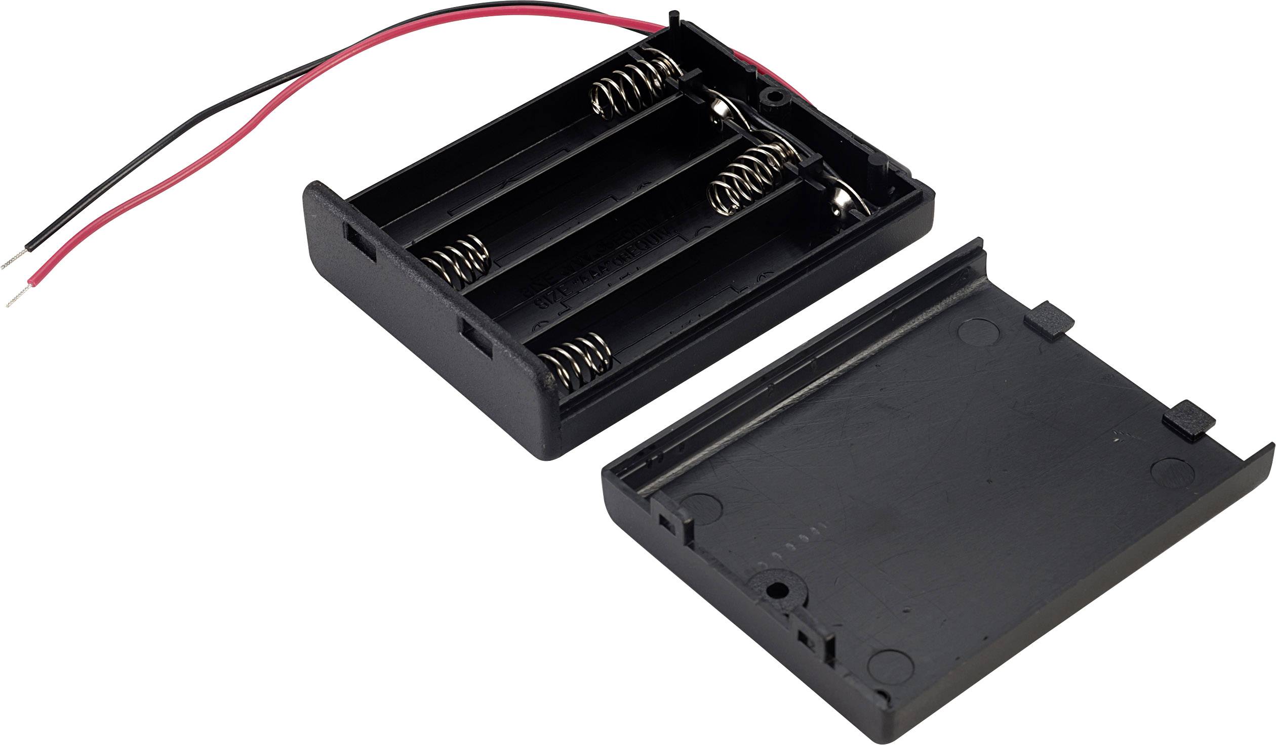 Black battery case for three AA batteries, with red and black connecting cables, cover placed beside it.