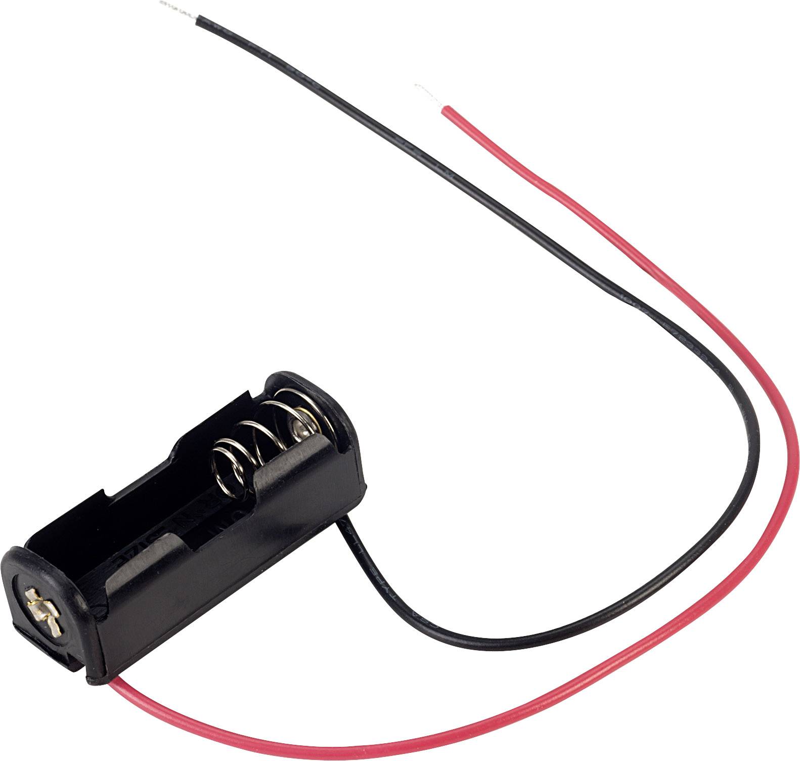 A black battery holder for an AA battery, with red and black wires for connecting to an electronic device.