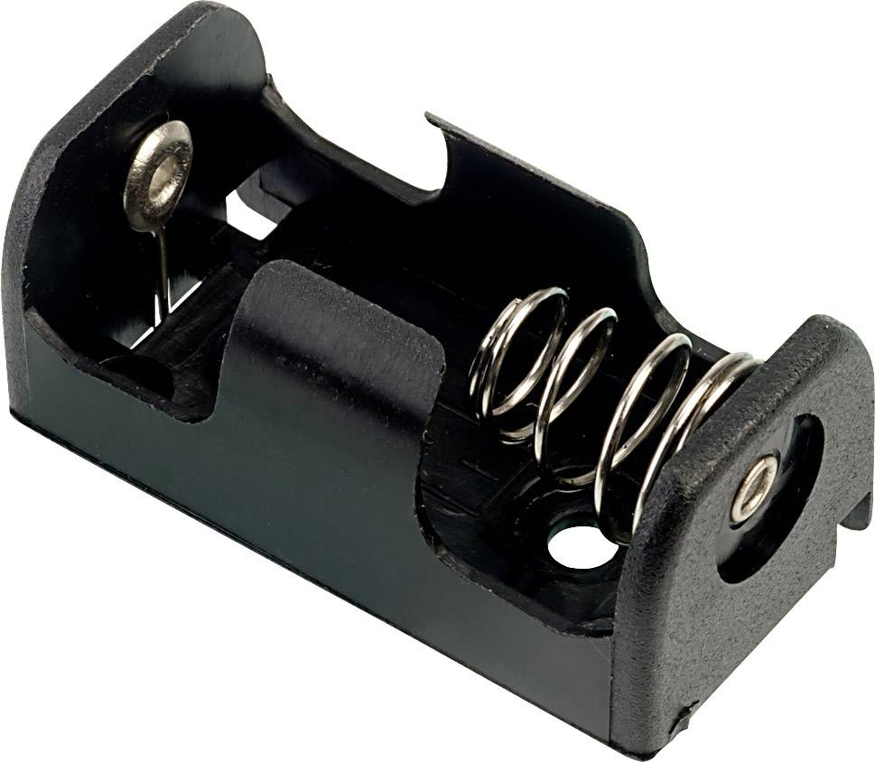 Black plastic battery holder suitable for one AA battery, with metal springs at both ends to secure the battery.