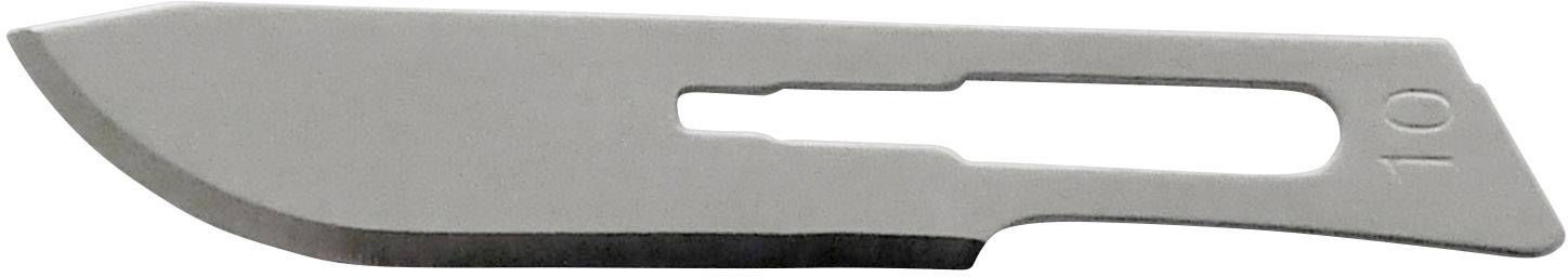 A single surgical scalpel blade made of metal, shown in close-up, with a sharp point and an open centre for attachment.