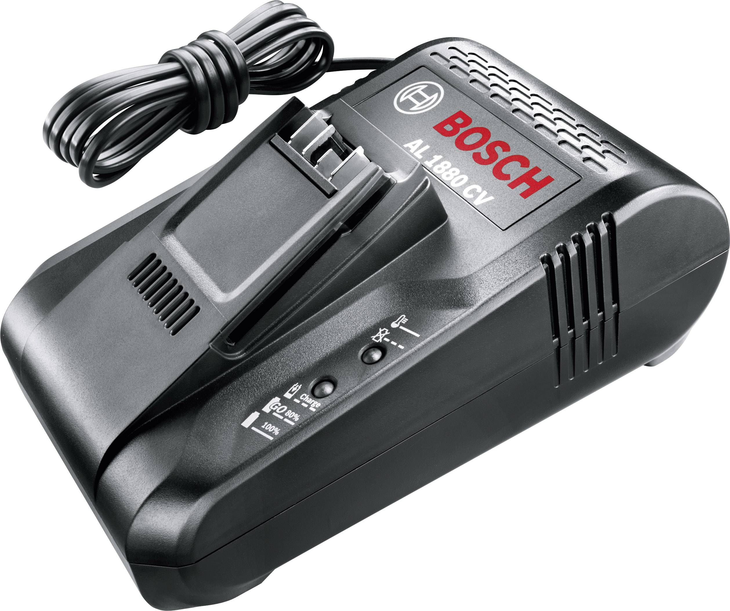 Bosch Battery Charger AL 1880 CV in black finish with robust cable. Used for charging batteries of various tools.