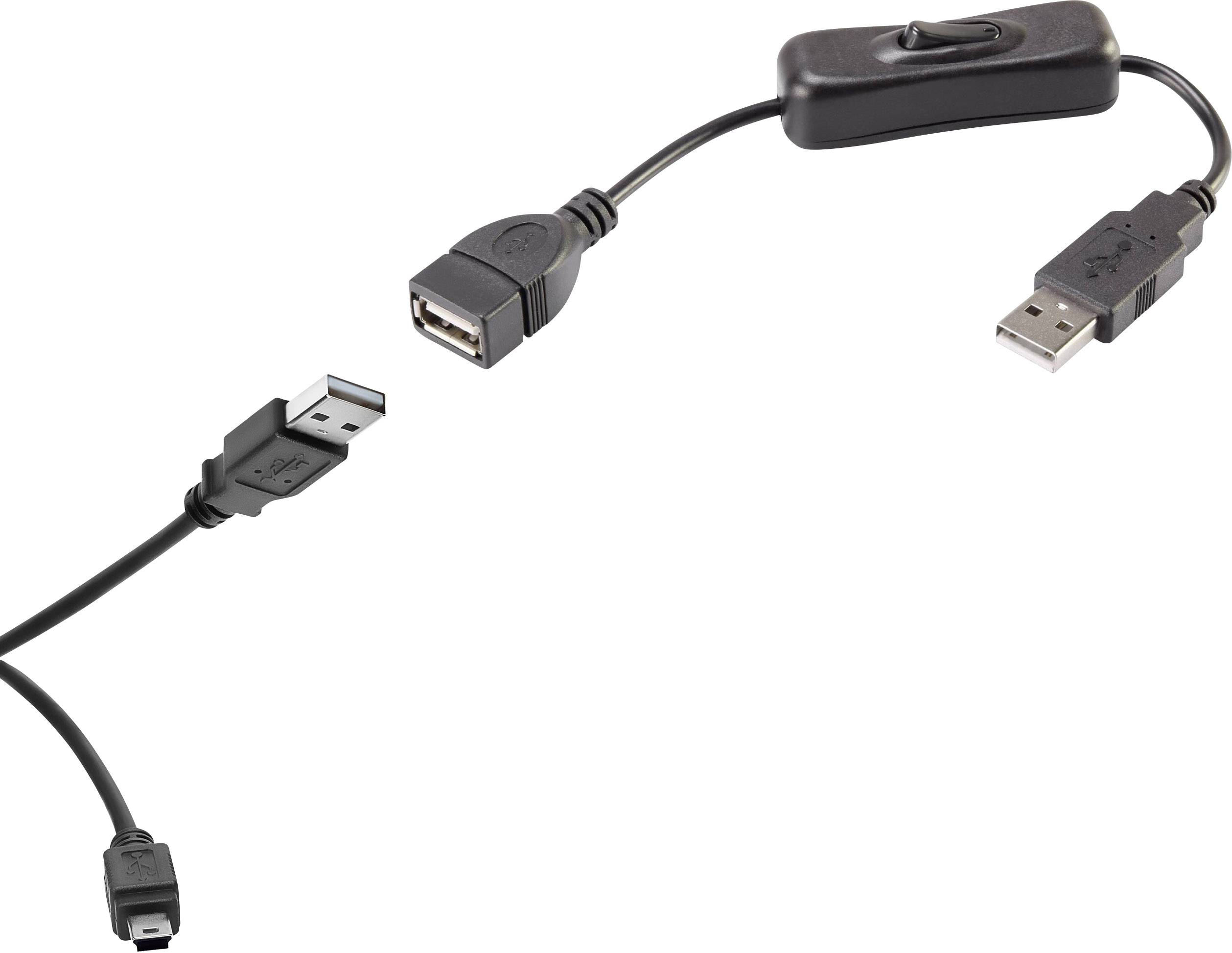 Renkforce USB cable USB 2.0 USB-A plug, USB-Mini-B plug 0.40 m Black incl. On/Off switch, gold plated connectors RF-3346620