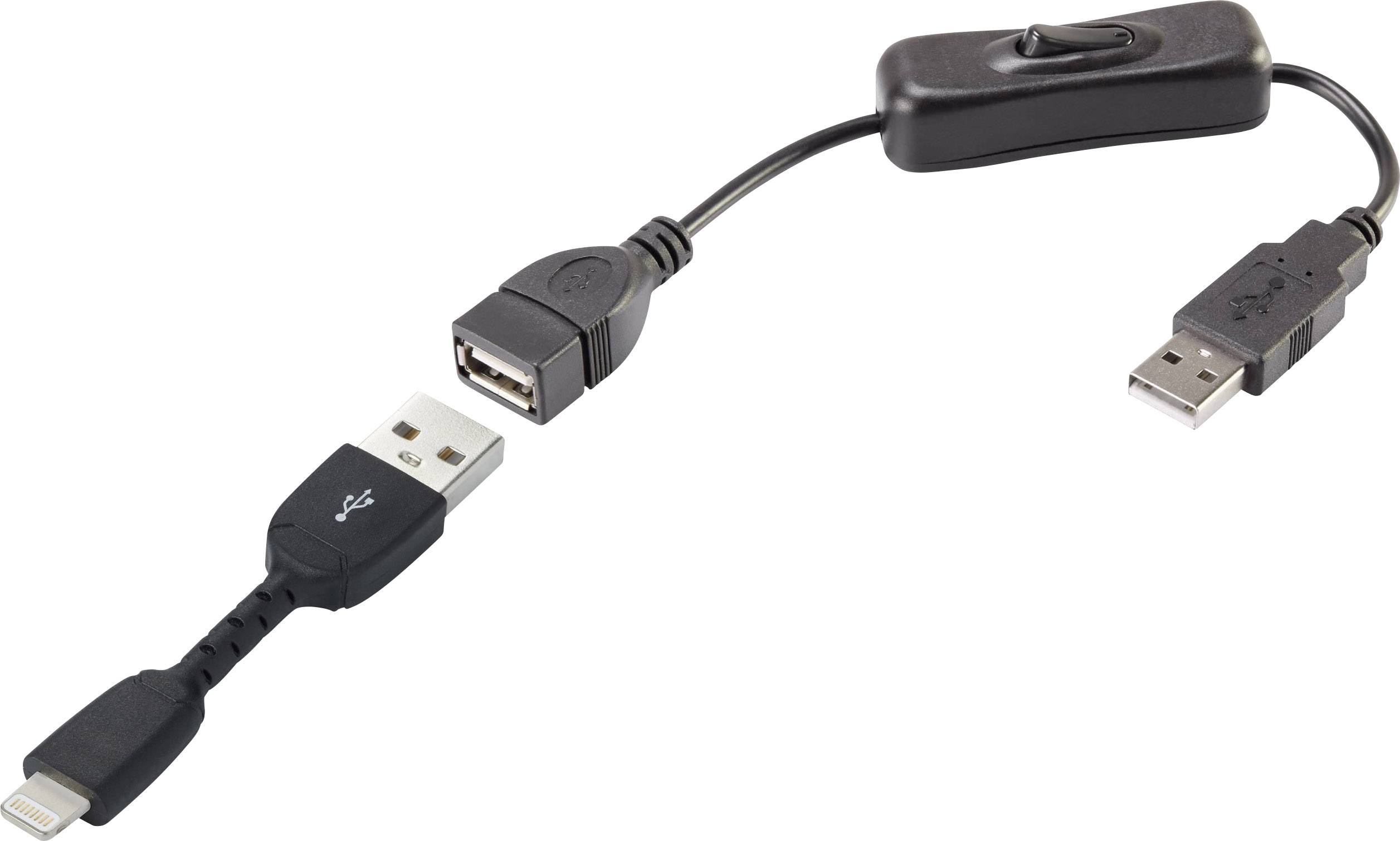 USB cable adapter with a switch for power control. Connects devices via USB or Lightning connector.