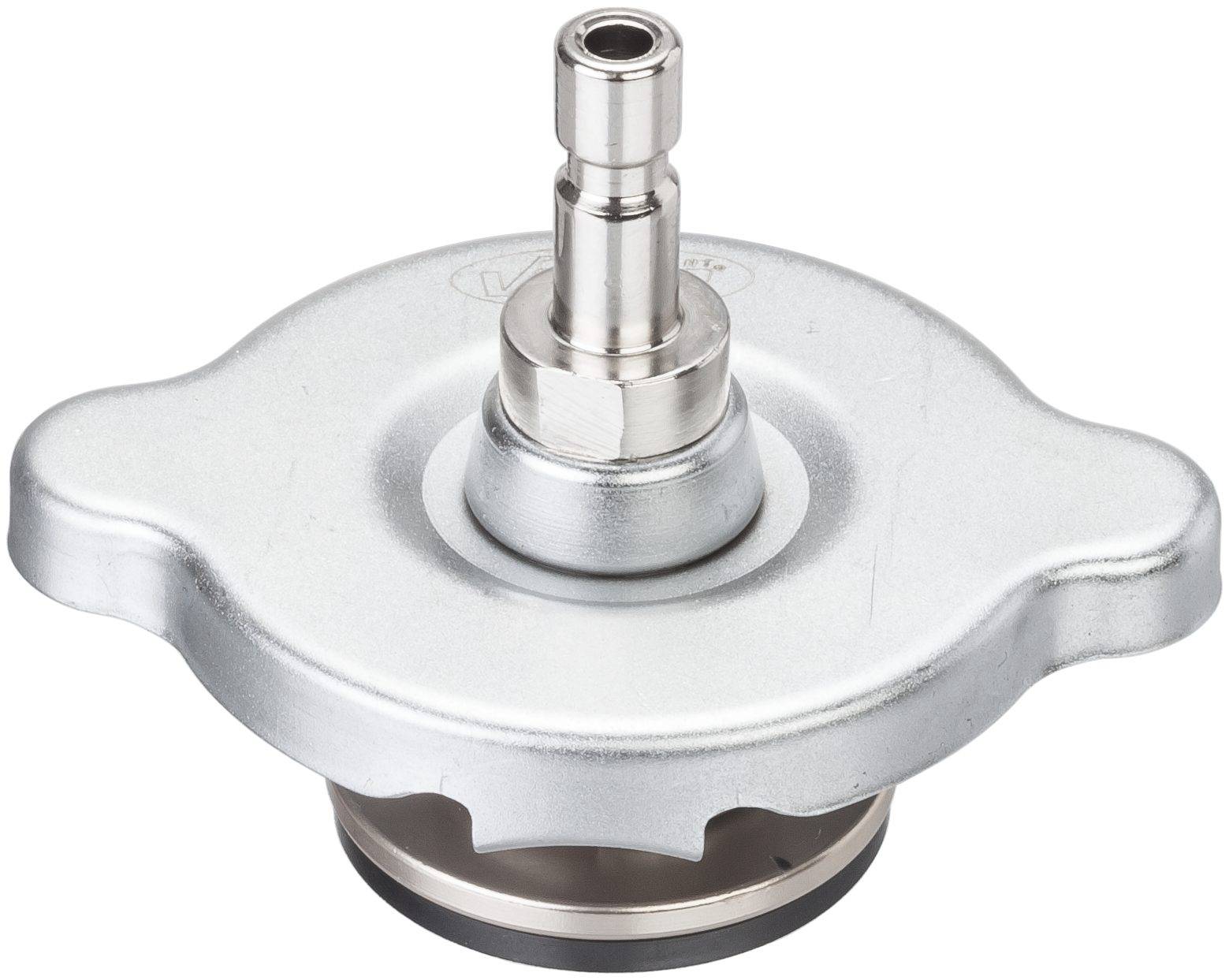 A silver automotive radiator cap, cylindrical with two side handles. Used to maintain pressure in the cooling system.