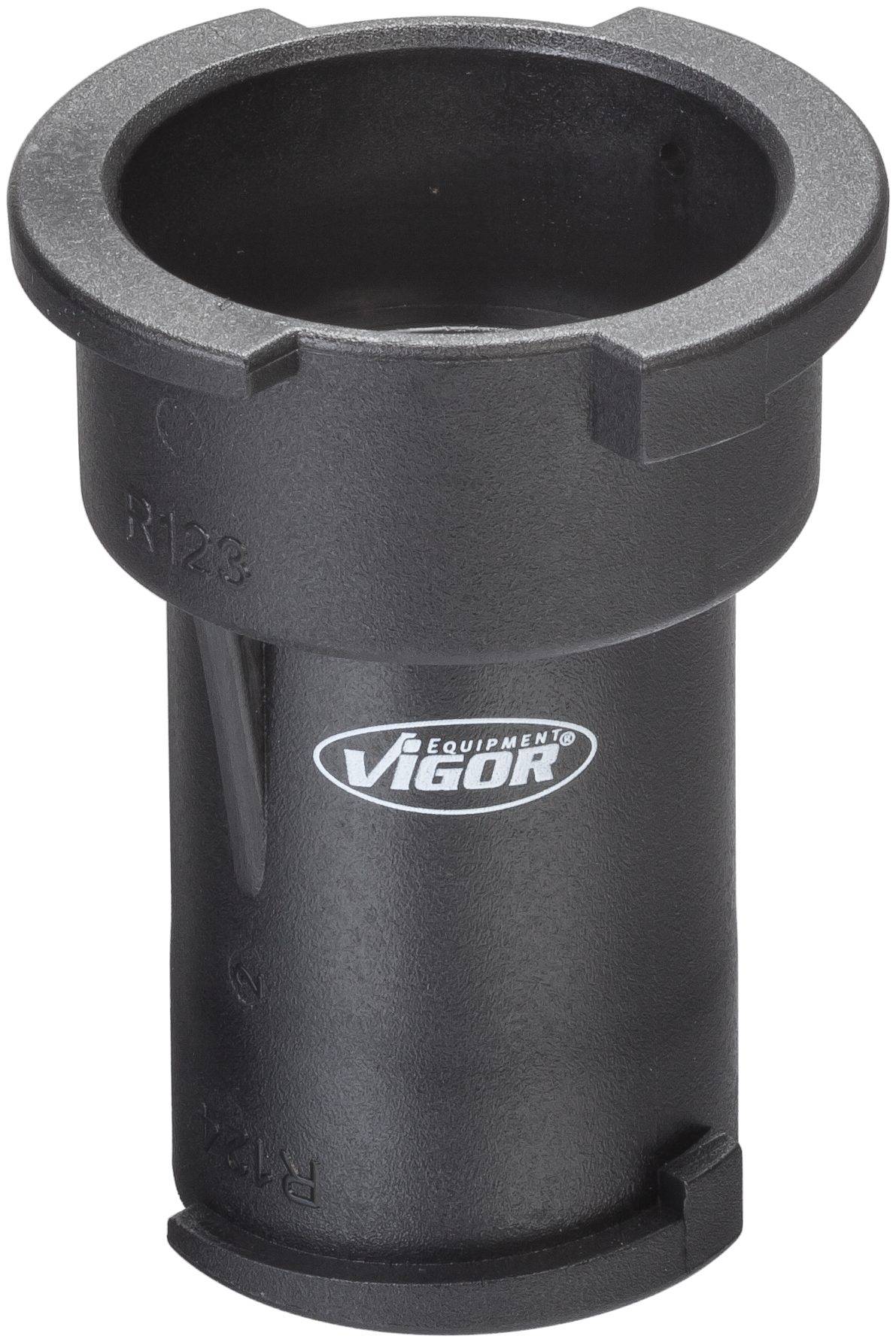 Black, cylindrical metal tool with 'Vigor' logo on the front side. It is used for mechanical applications.