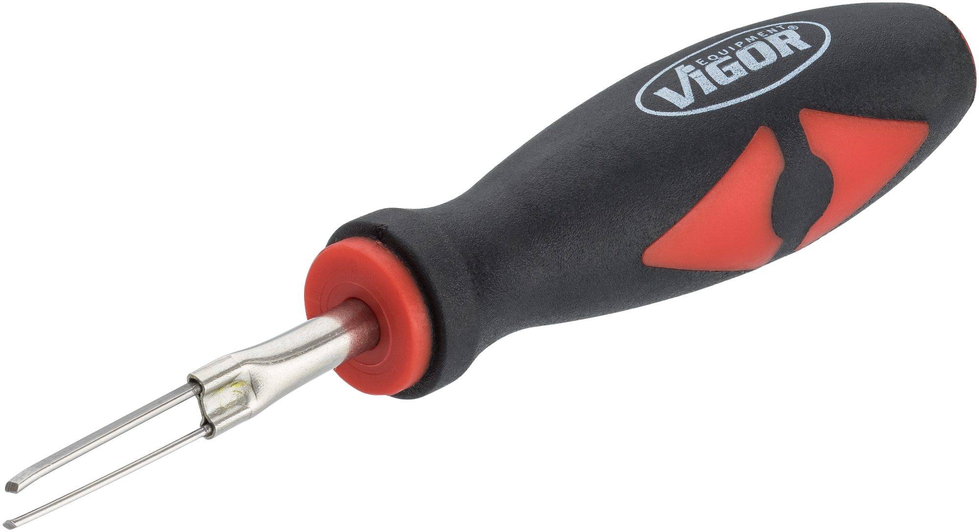 A small metal hook with a black and red plastic handle, used for removing automotive trim clips.