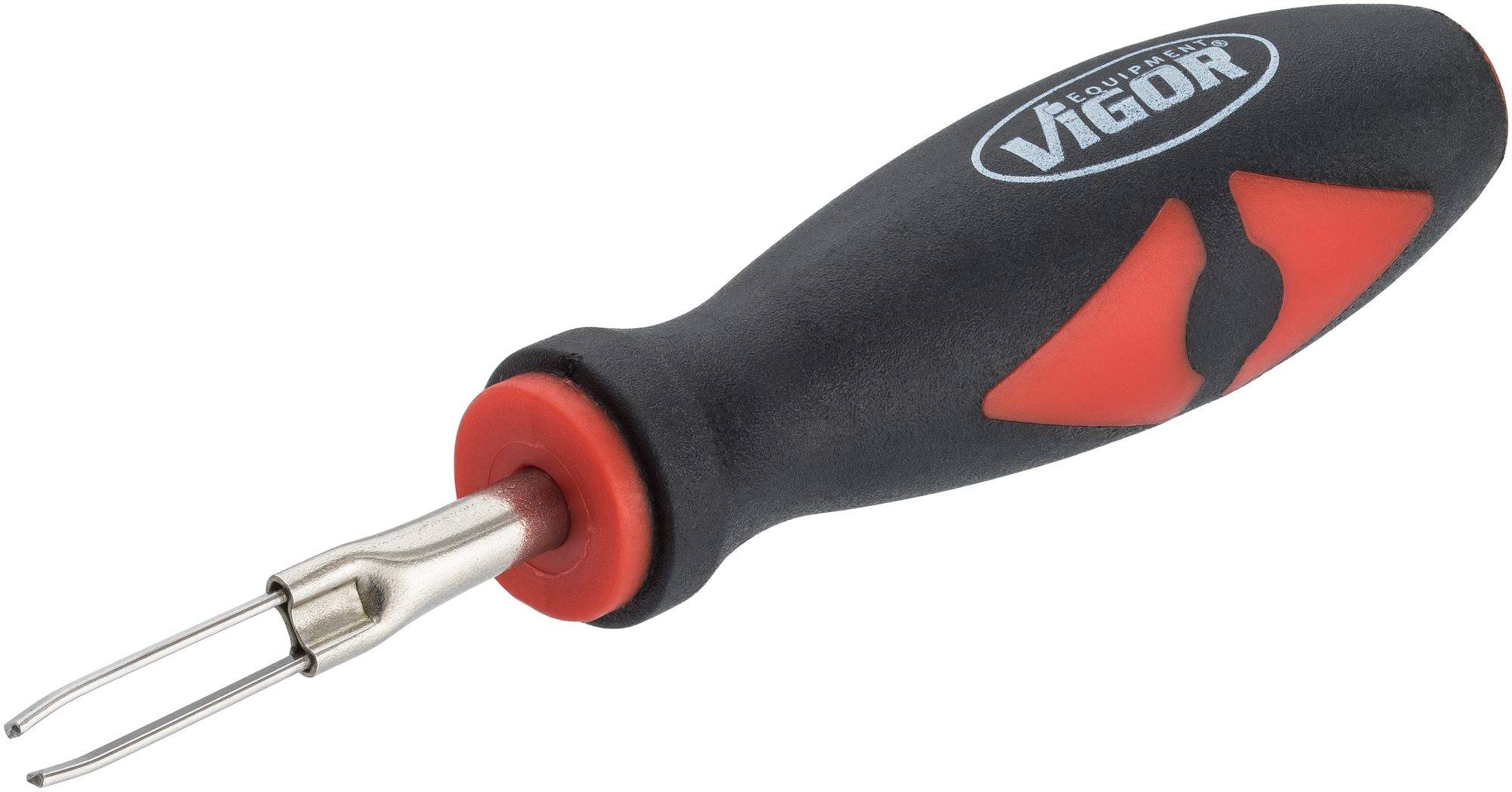 Hand tool with a black and red handle and two metal tips. Suitable for precise work, possibly a specialist tool.
