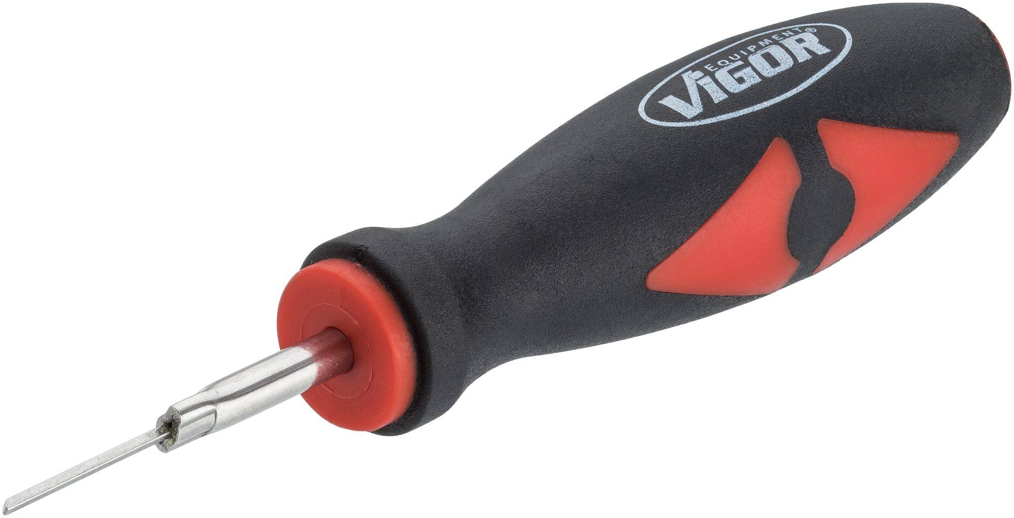 Black and red screwdriver with an ergonomic handle. Tapered blade, suitable for precision work.