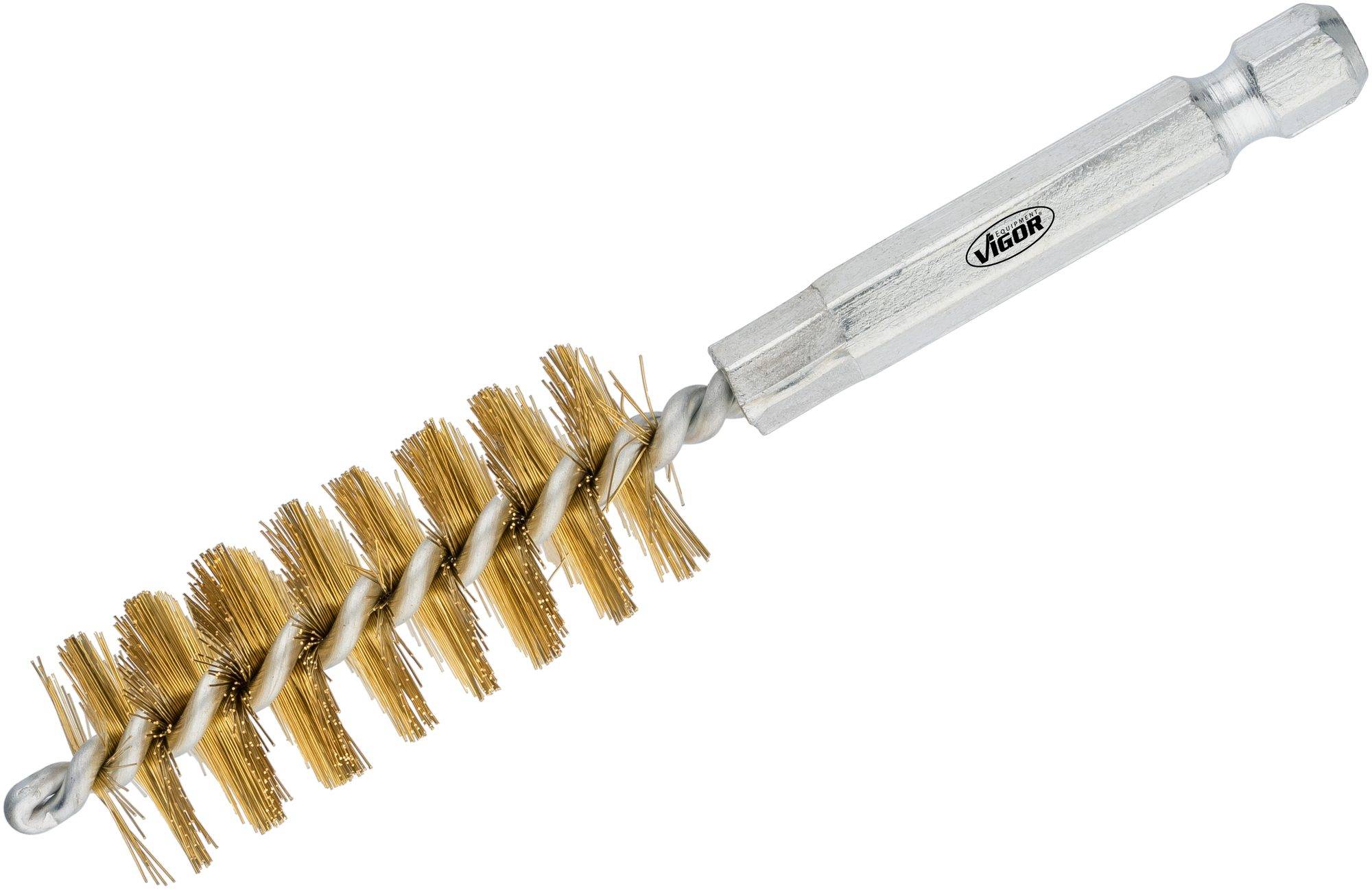 Metal brush with brass bristles and hexagonal handle, perfect for cleaning hard-to-reach areas.