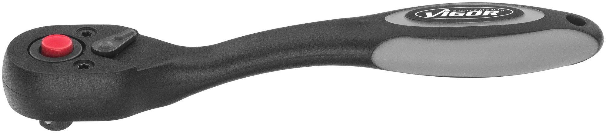 Ratchet with ergonomic handle and red button, suitable for screw-driving work.