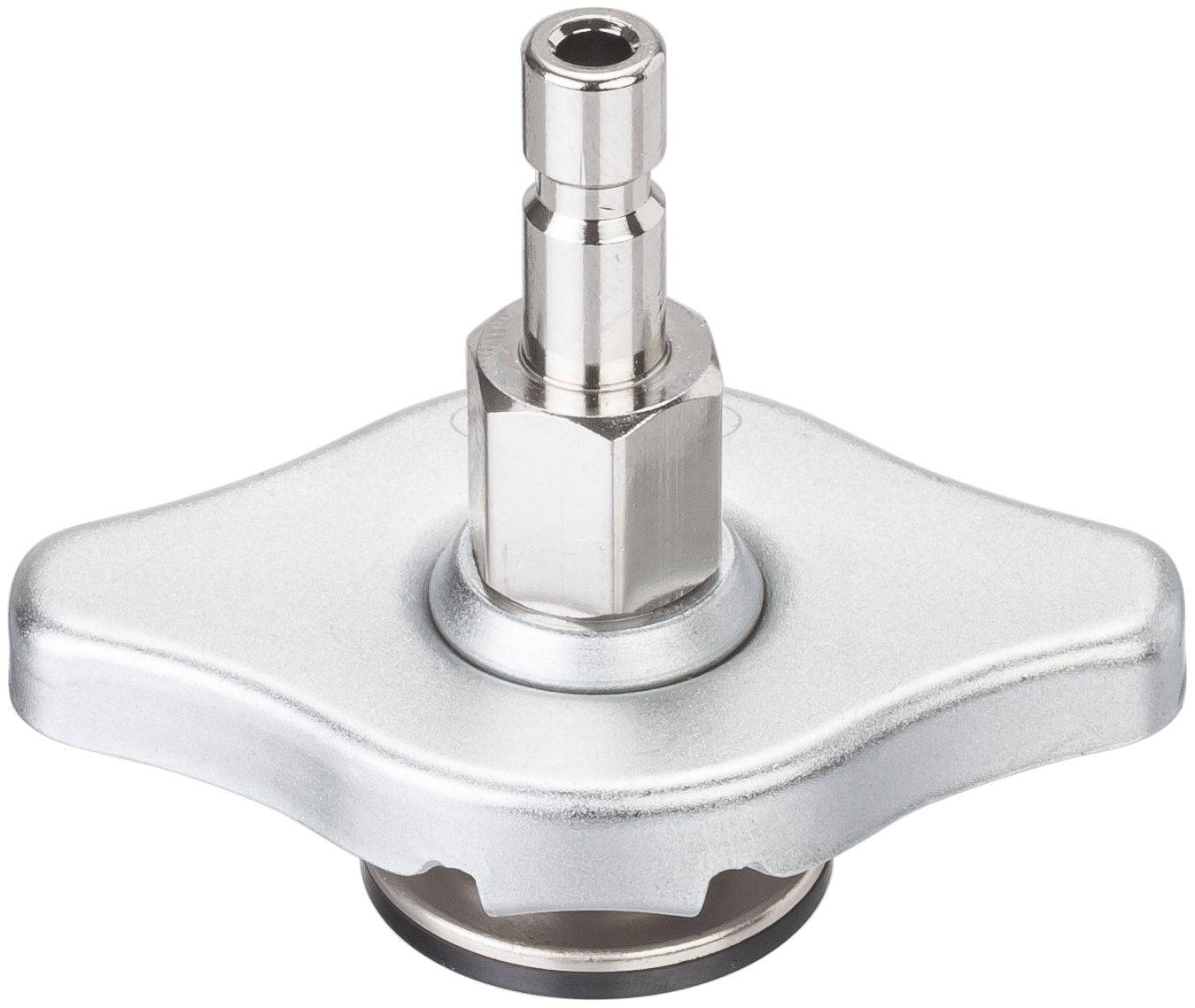 Metal adapter with wing screw form and central connection. Predominantly suitable for connecting hoses or pipes.