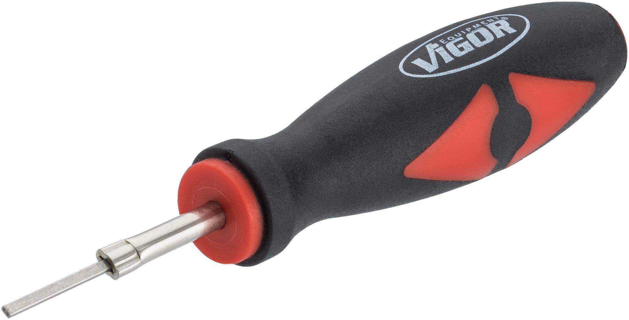 A screwdriver with a rubber-coated handle, marked with 'Vigor', shows a flat blade.