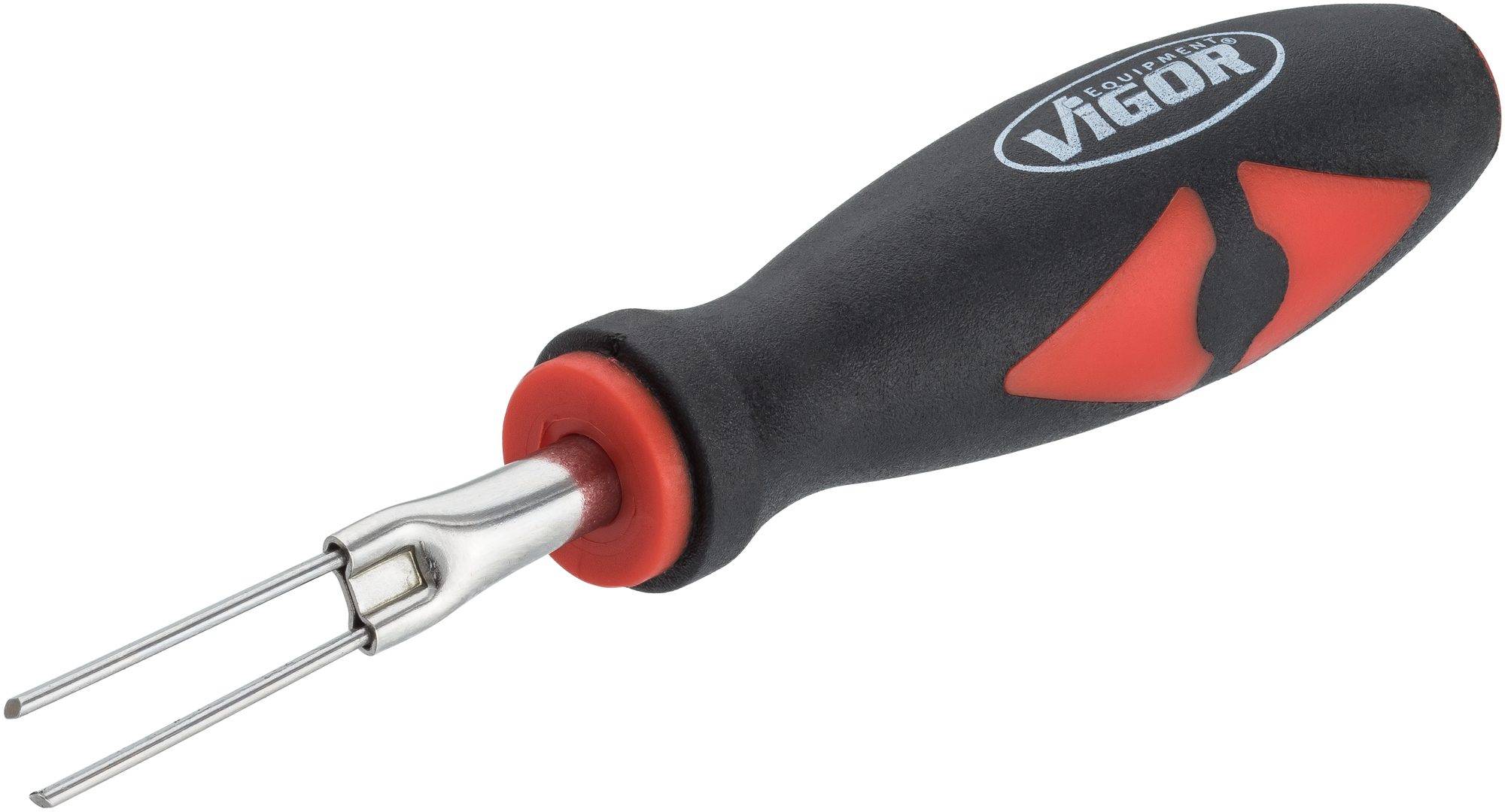 Hand tool with a black handle and red accents, featuring two extended metal tips, used for repairs or assemblies.