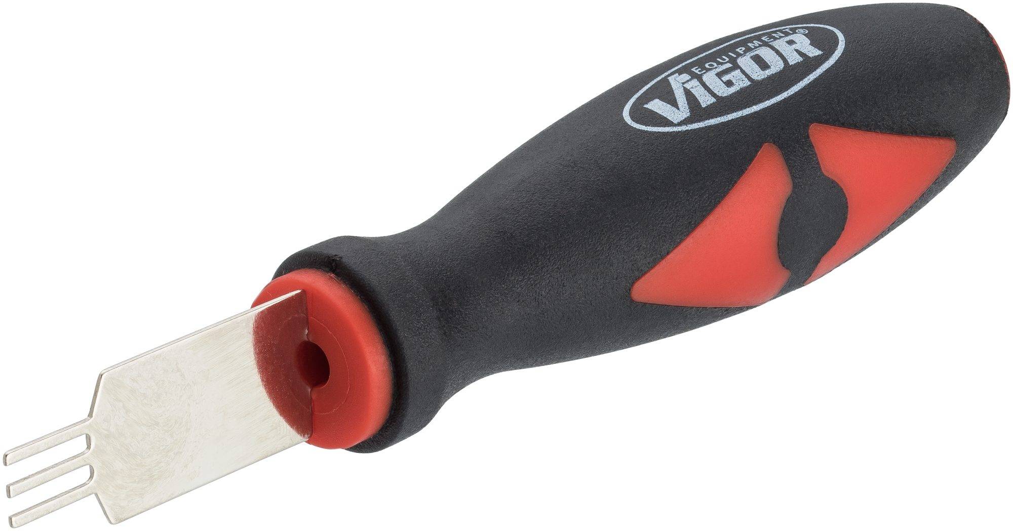 A black and red plastic handle with a metal blade featuring two prongs. The word 'Vigor' is printed on the handle.