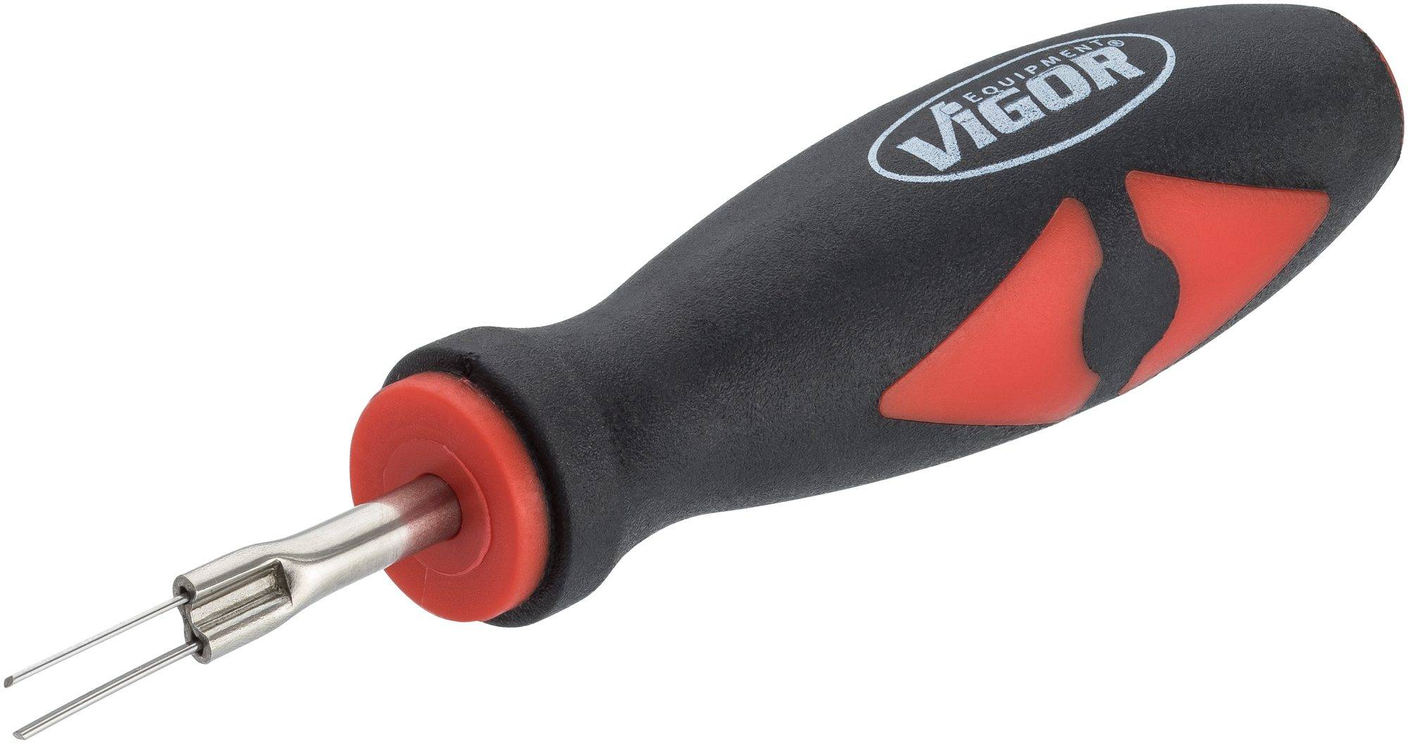 Screwdriver with a black, ergonomic handle and red detail, brand 'Vigor'. Tip consists of two parallel metal pins.