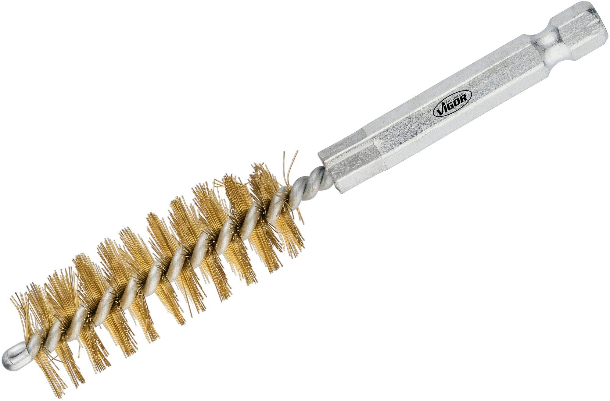 Metal wire brush with metal handle, suitable for cleaning surfaces and removing rust. Triangular bristle configuration.