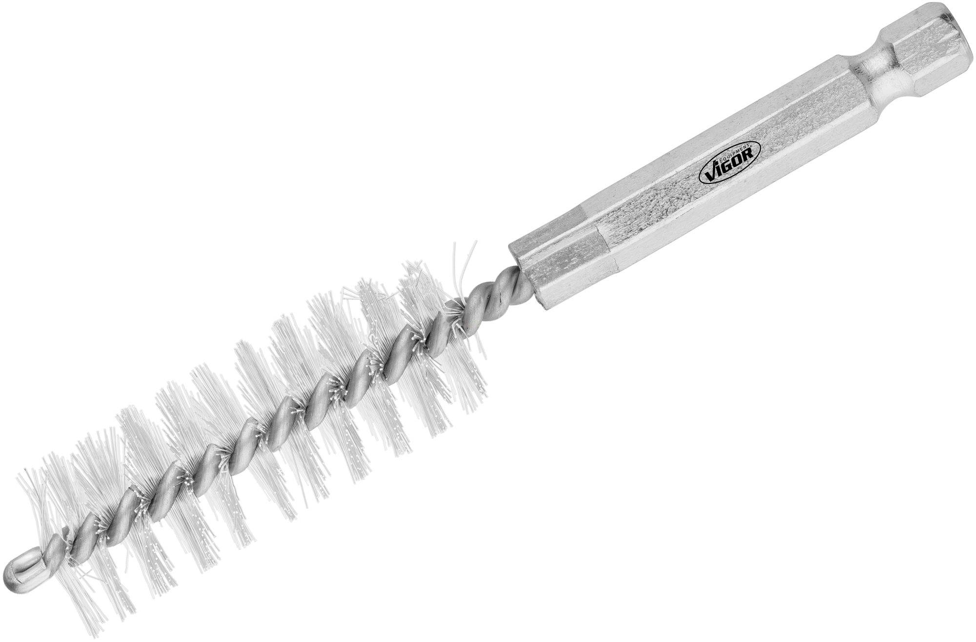 Cleaning brush with a twisted wire handle and white bristles, suitable for cleaning pipes or confined spaces.