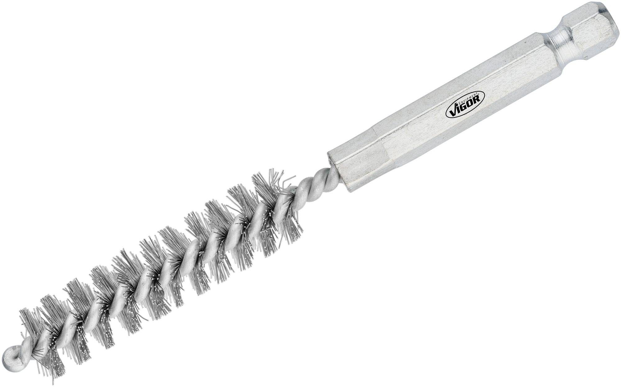 Wire cleaning brush with a hexagonal handle, used for cleaning pipes or bores.