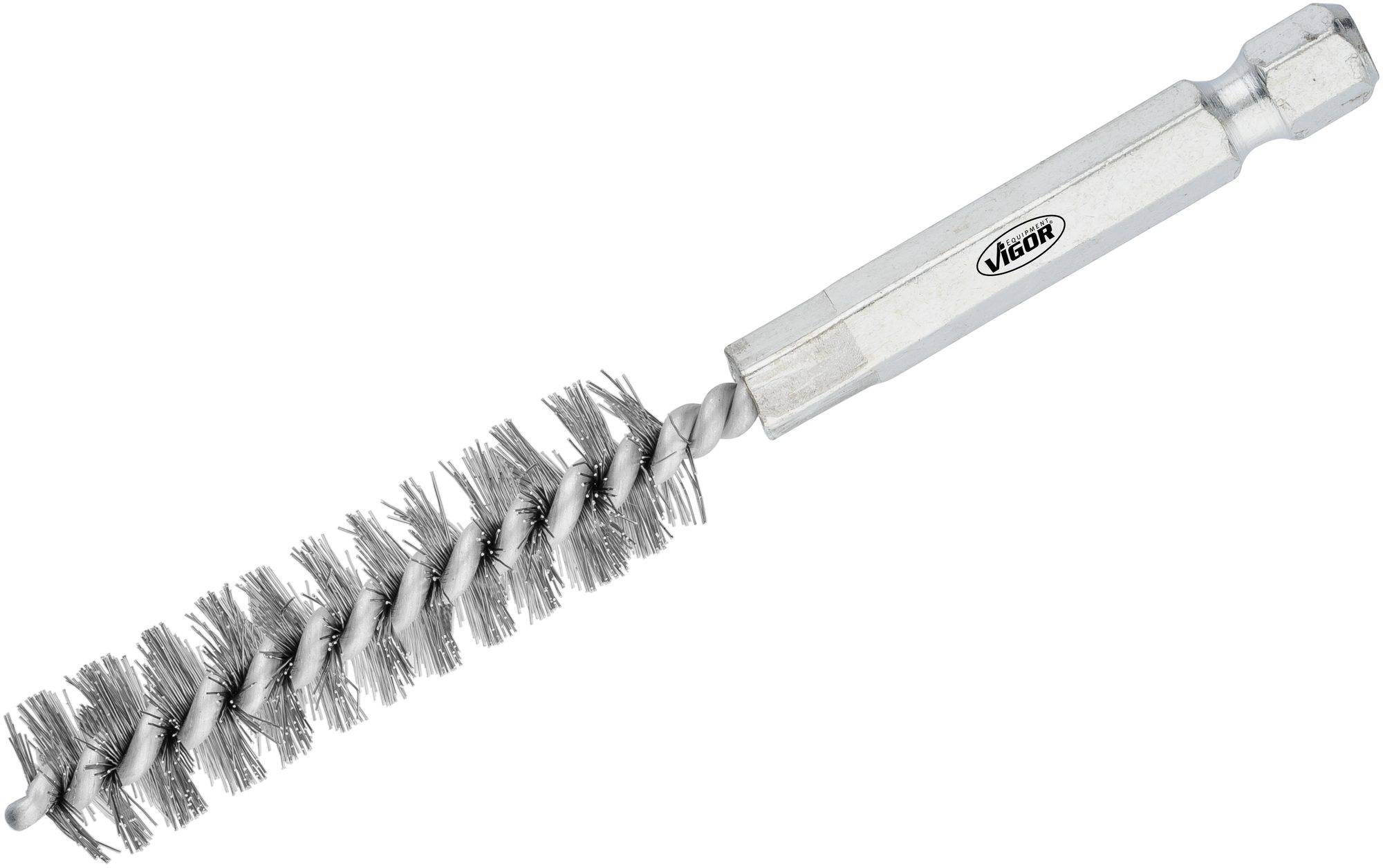 Wire brush attachment for drill, suitable for cleaning or removing rust and dirt. Silver-coloured bristles, hexagonal shank.