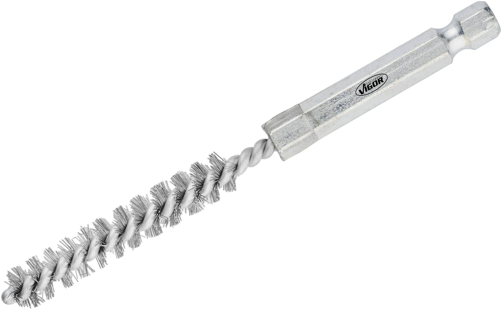 A metallic wire brush with a twisted wire handle, used for cleaning or deburring pipes and holes.
