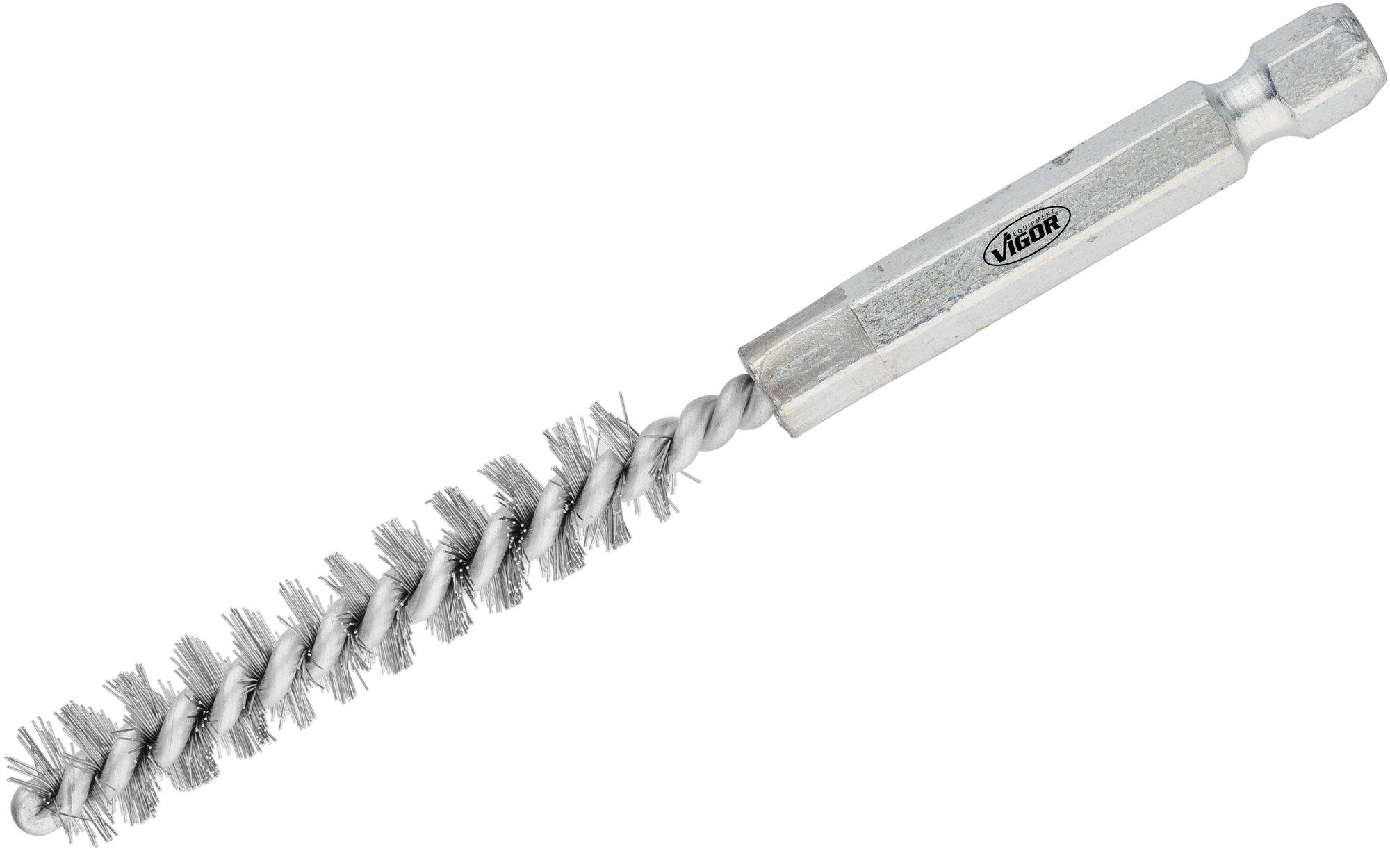 A metallic cleaning brush tool with interwoven wire bristles and a hexagonal shaft for insertion into a drill.