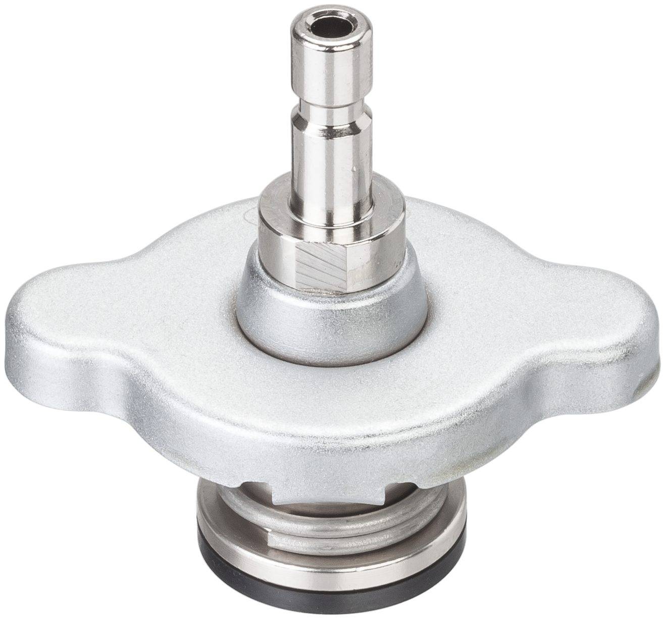 Metallic valve with two symmetrical handles, central connection, and sealing ring at the bottom. Commonly used in technical applications.