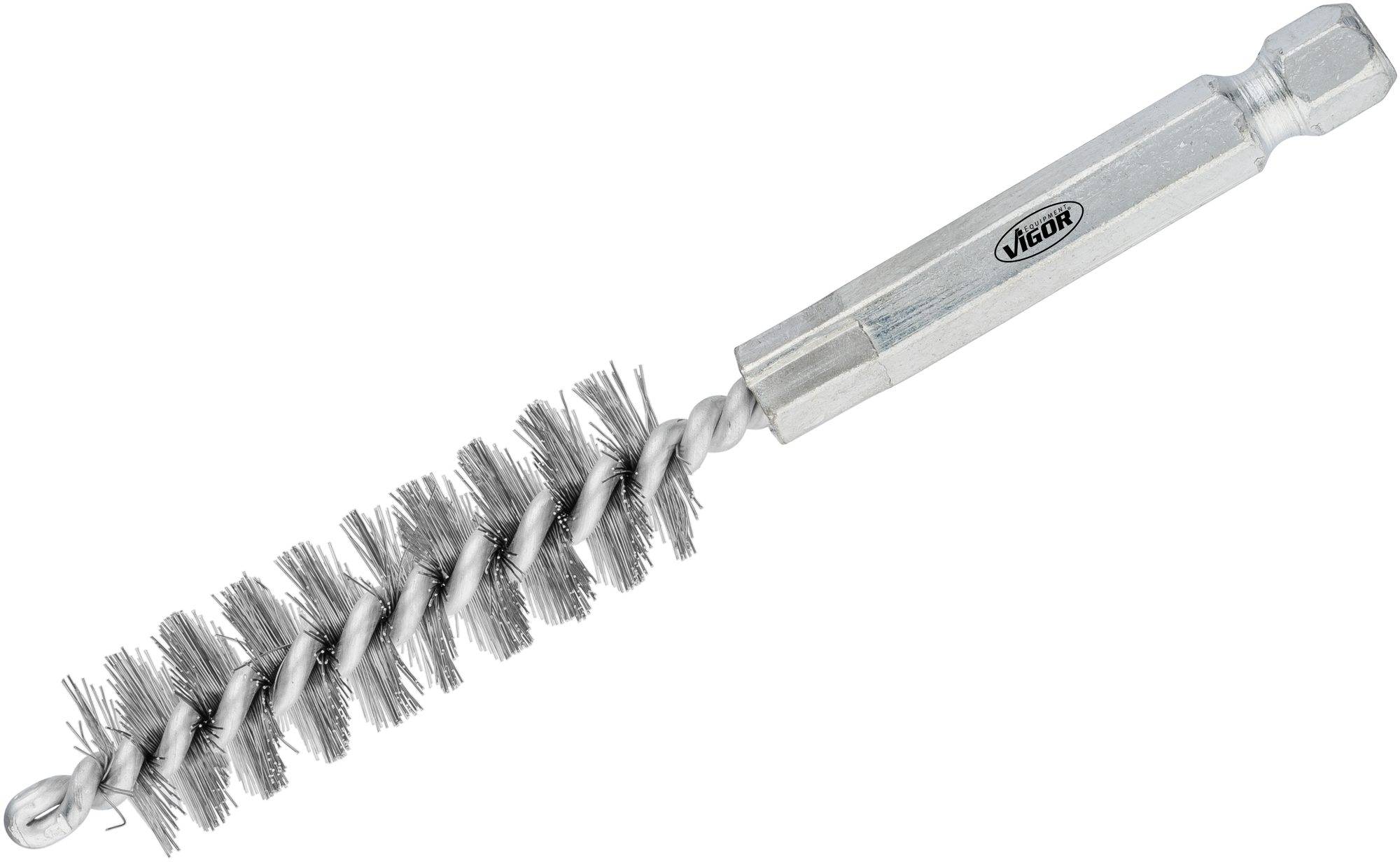Metal brush with spiral-shaped bristles and hexagonal handle for cleaning pipes or hard-to-reach areas.