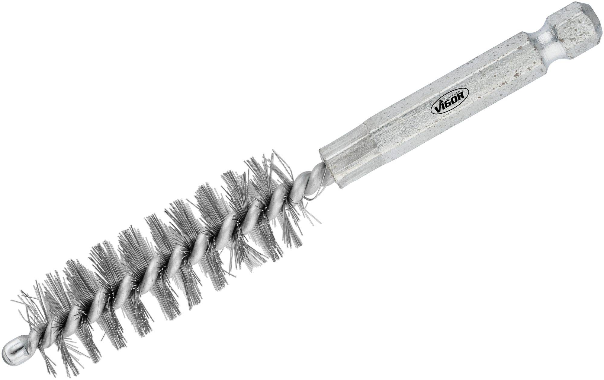 Metal wire brush with twisted wire and plastic handle, suitable for cleaning pipes and other hard-to-reach areas.