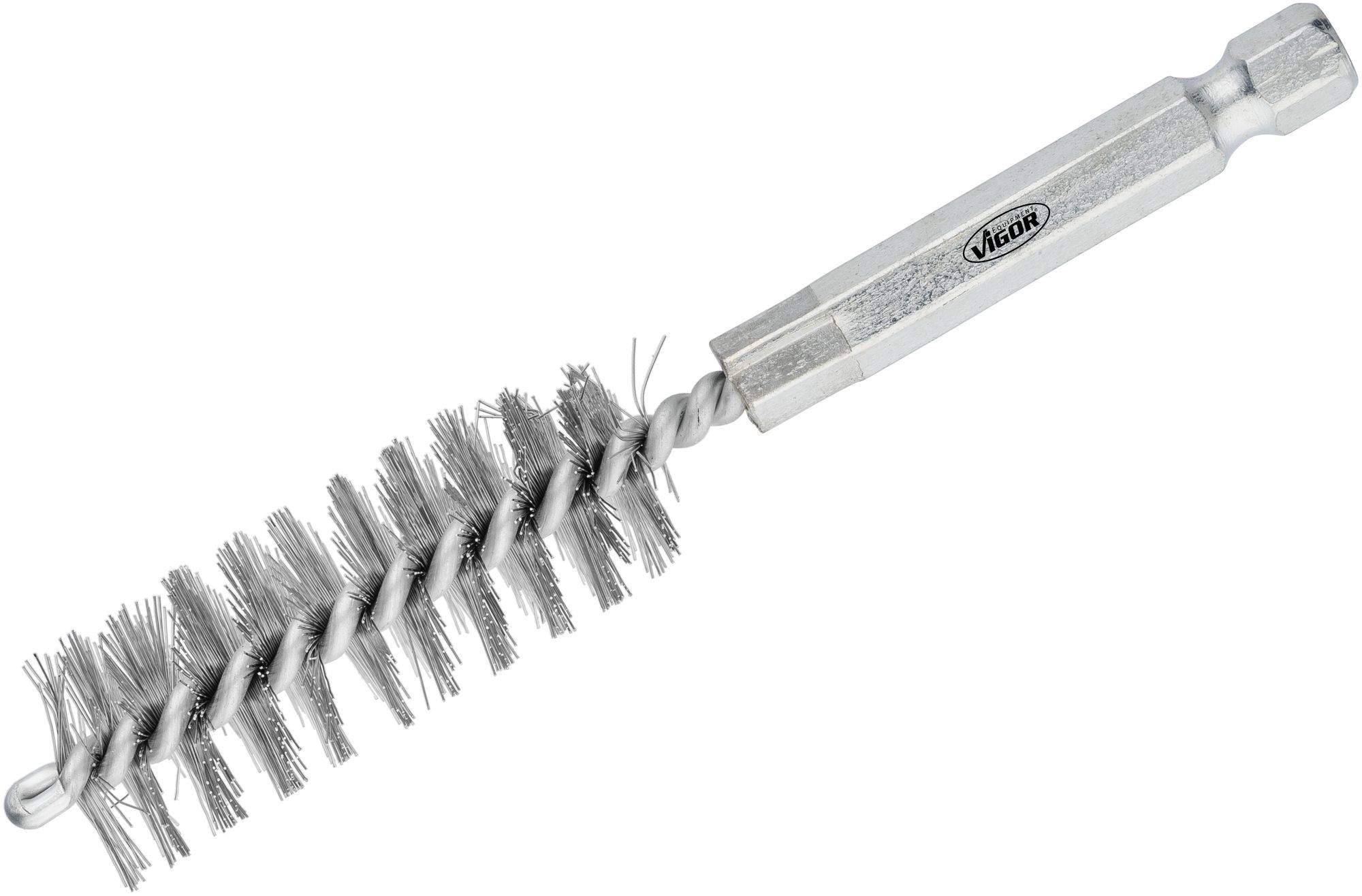 'Wire brush with silver bristles and a rectangular, metallic handle, suitable for cleaning pipes and confined spaces.'Note: This translation is already very close to British English, with only minor adjustments to phrasing and vocabulary if needed.