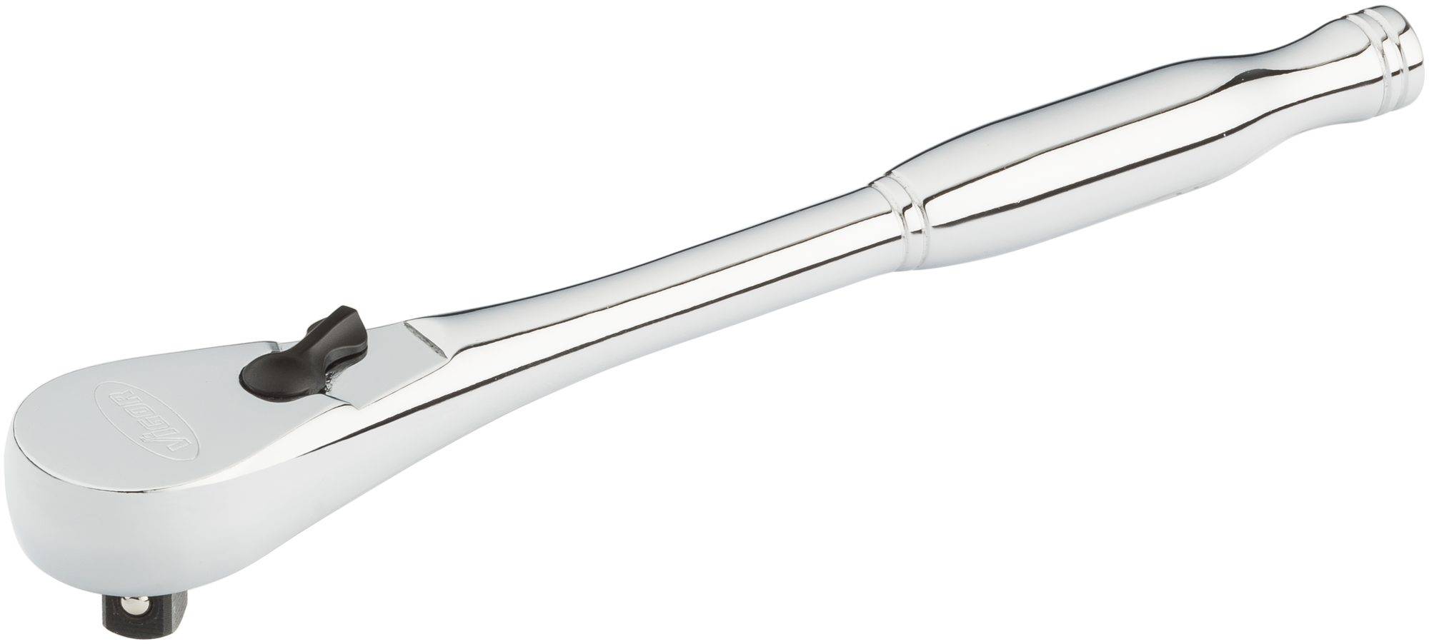 Metallic ratchet spanner, smoothly polished, with an ergonomic handle and a switch to change the direction of torque.