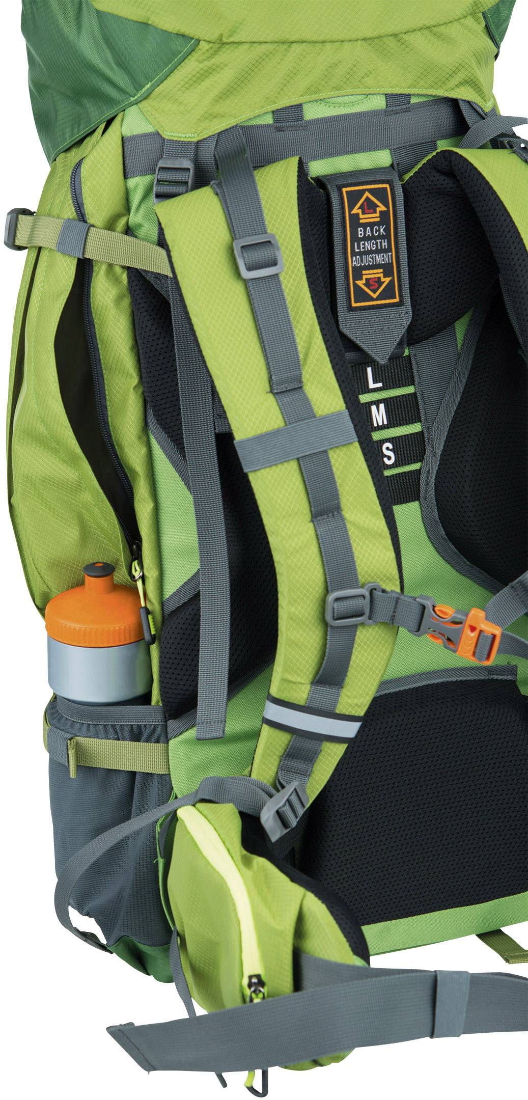 A green rucksack with adjustable straps, a water bottle in the side pocket and a small zipped compartment at the front.