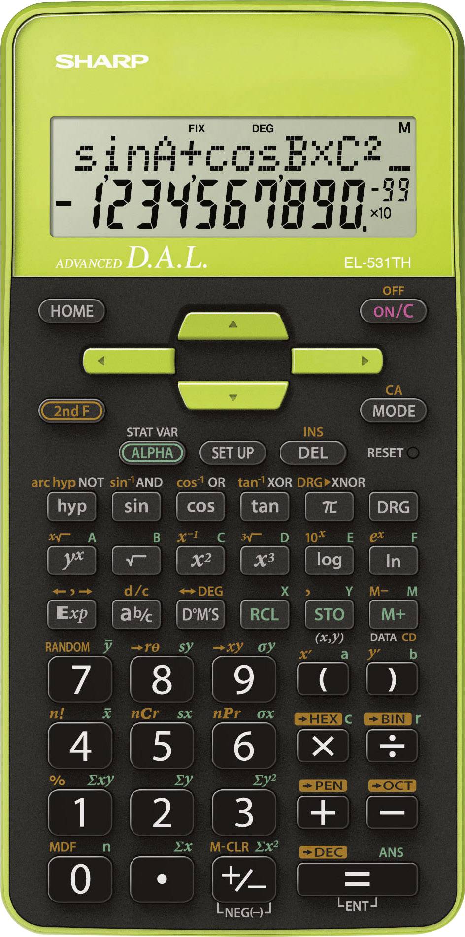 A green scientific calculator with a display showing 'sinA+cosB×C²' and numbers, with numerous function buttons beneath.