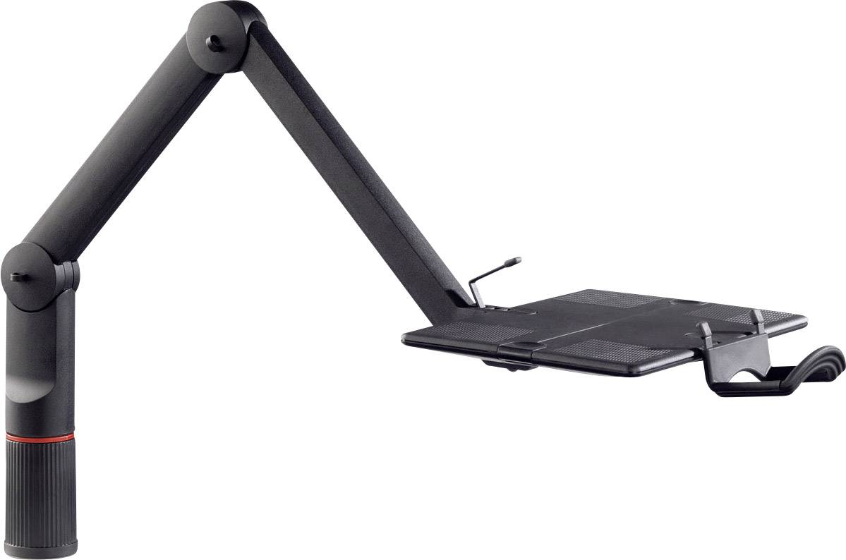 A flexible, black mounting arm with a flat platform, suitable for attaching to desk edges for devices or documents.